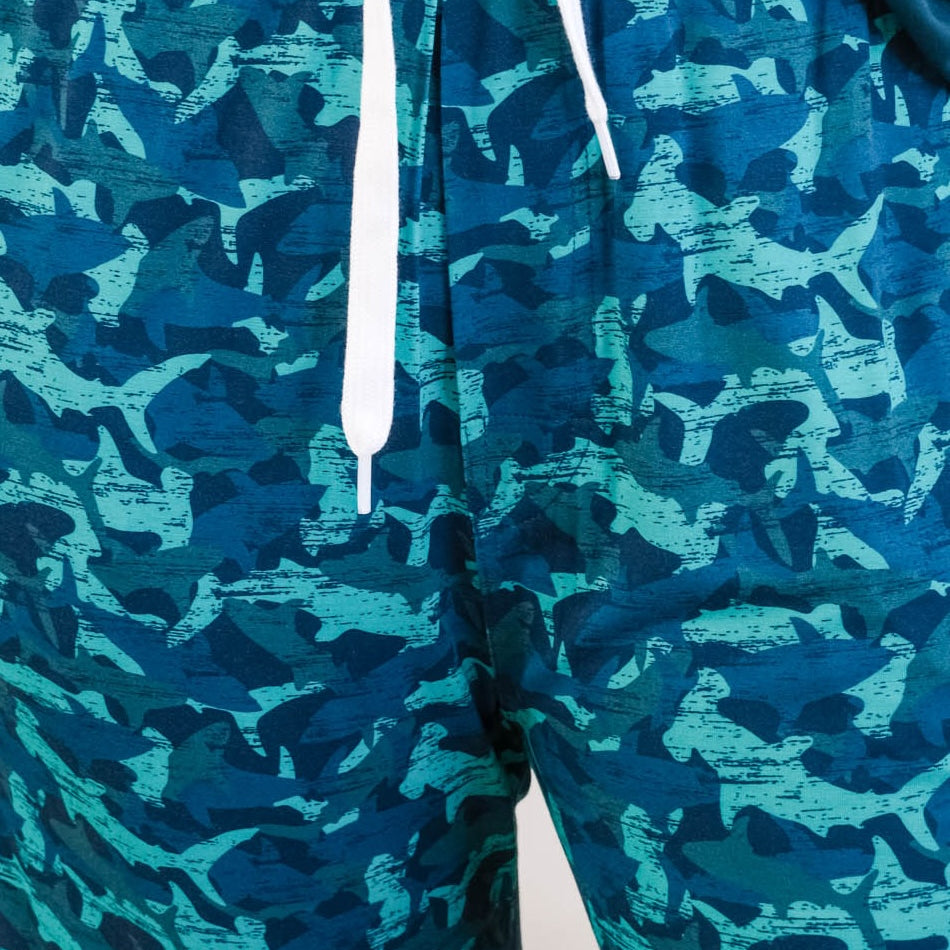 Close up of Shark Camo Blue Printed Jogger Sleep Pant in Bamboo for Men by Bob's Sleepwear Co - Cloud Nine Pajamas