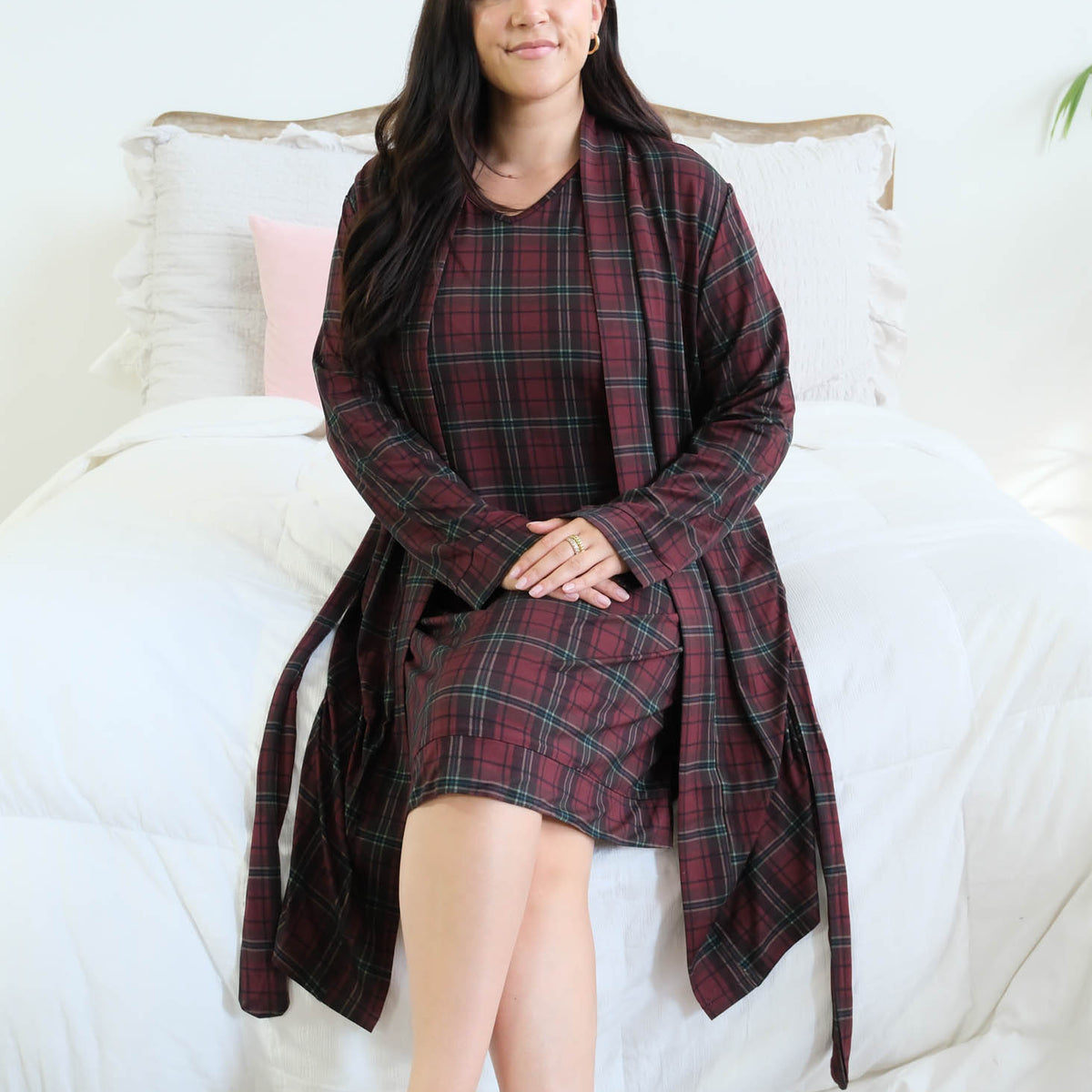 Georgia Rylan Bamboo Plaid Wrap Robe open over matching V-neck nightshirt on model — Cloud Nine Pajamas Edmonton