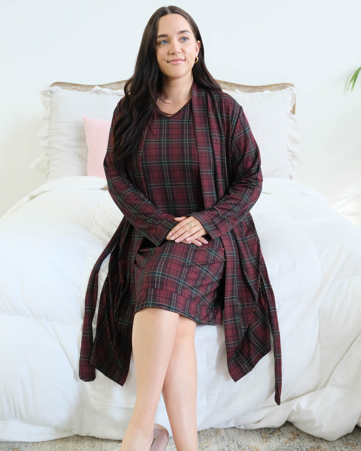 Georgia Rylan Bamboo Plaid Wrap Robe open over matching V-neck nightshirt on model — Cloud Nine Pajamas Edmonton