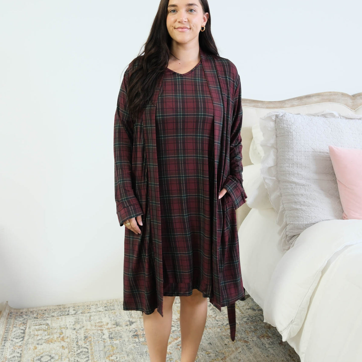 Georgia Rylan Bamboo Plaid Wrap Robe open side pocket hand in pocket detail — Cloud Nine Pajamas Edmonton