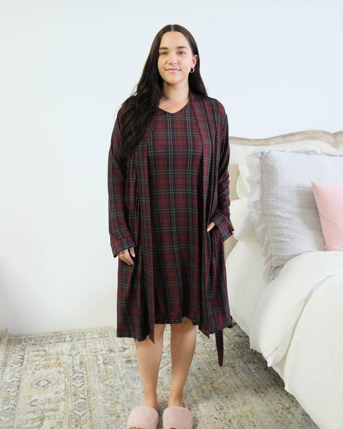 Georgia Rylan Bamboo Plaid Wrap Robe open side pocket hand in pocket detail — Cloud Nine Pajamas Edmonton