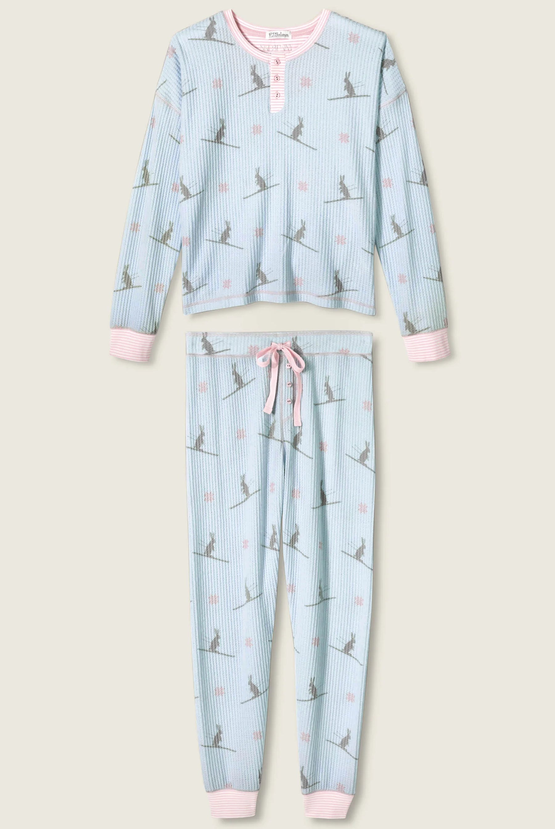 Ski Jammie Classics Brushed Thermal PJ Set featuring winter prints Ski Bunny Pale Blue and cozy design by PJ Salvage.