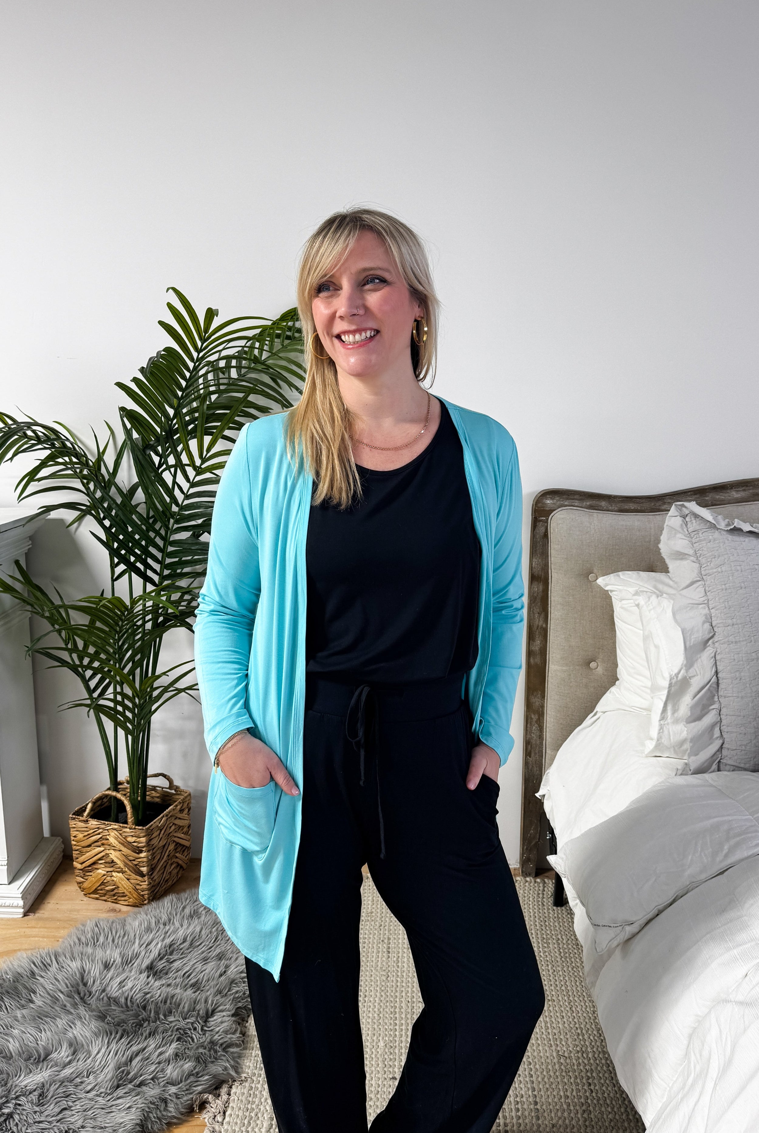 Sky Blue Long Bamboo Cardigan with Pockets | Georgia Rylan