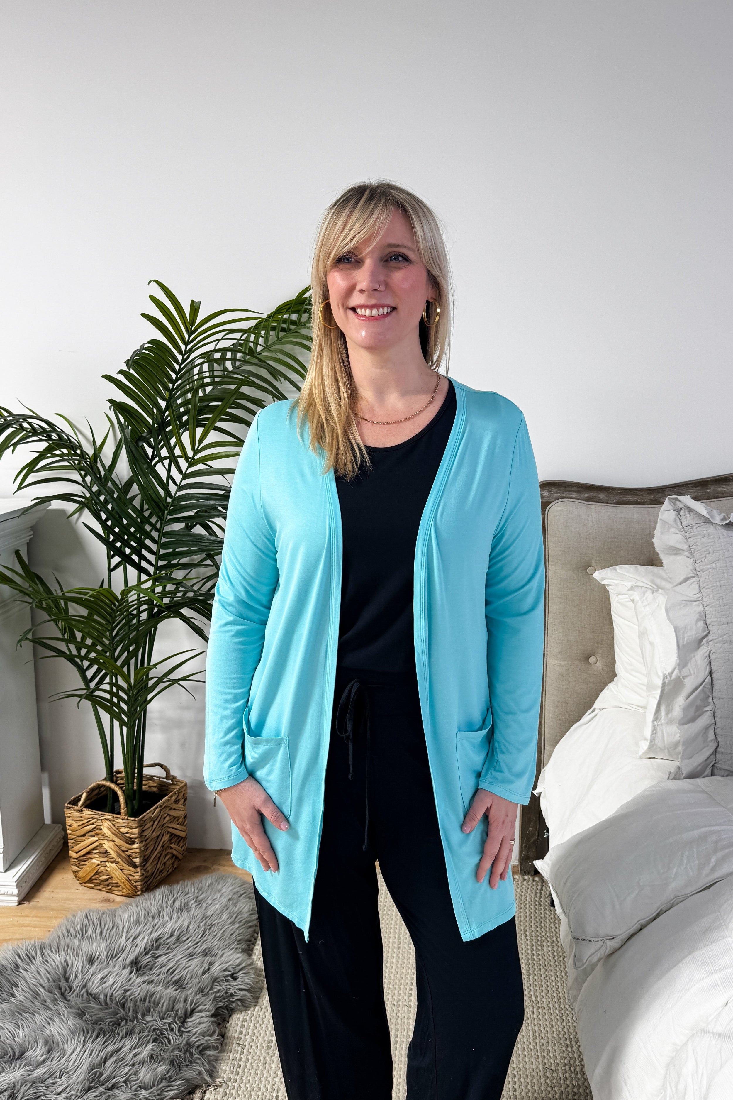 Sky Blue Long Bamboo Cardigan with Pockets | Georgia Rylan