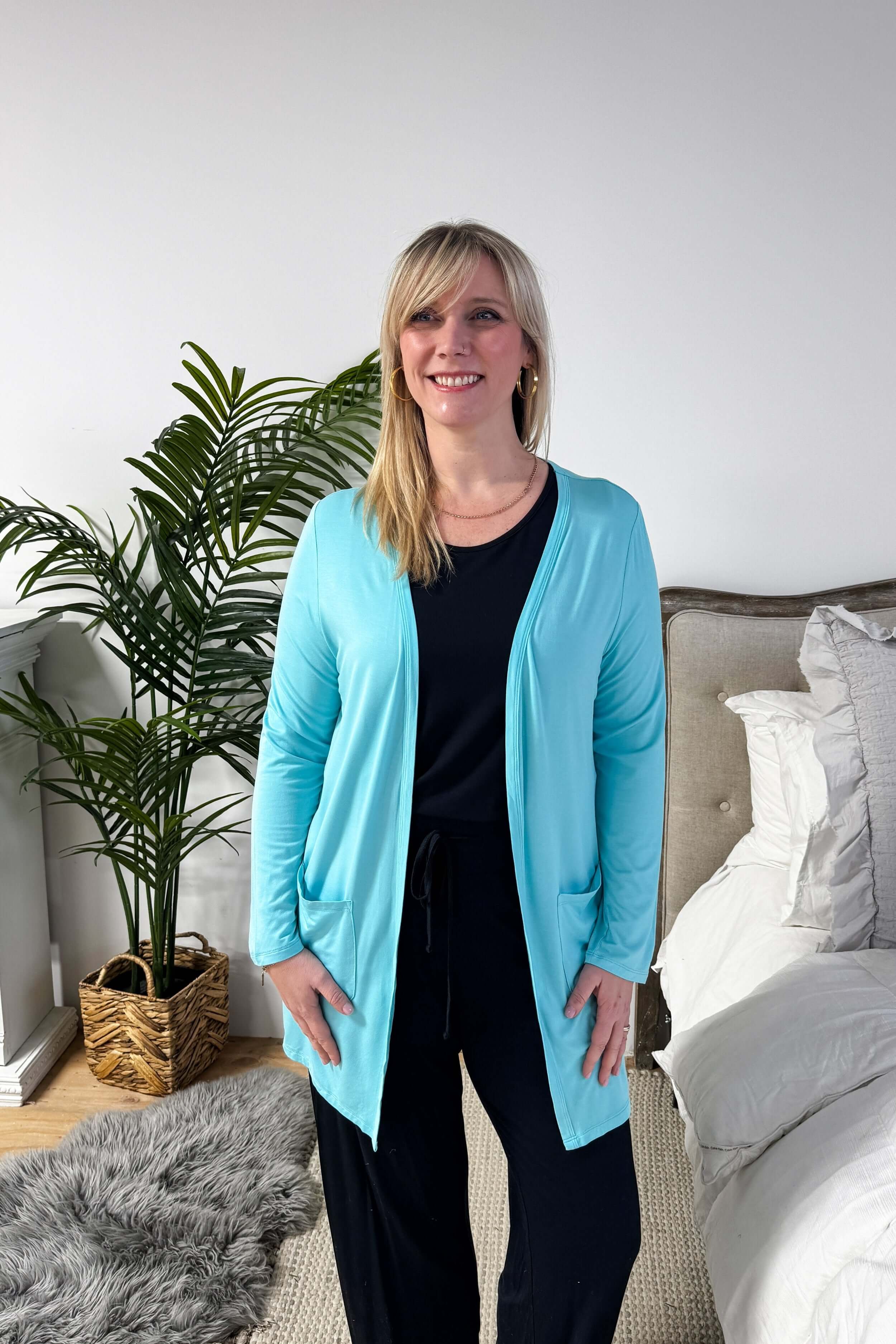 Sky Blue Long Bamboo Cardigan with Pockets | Georgia Rylan
