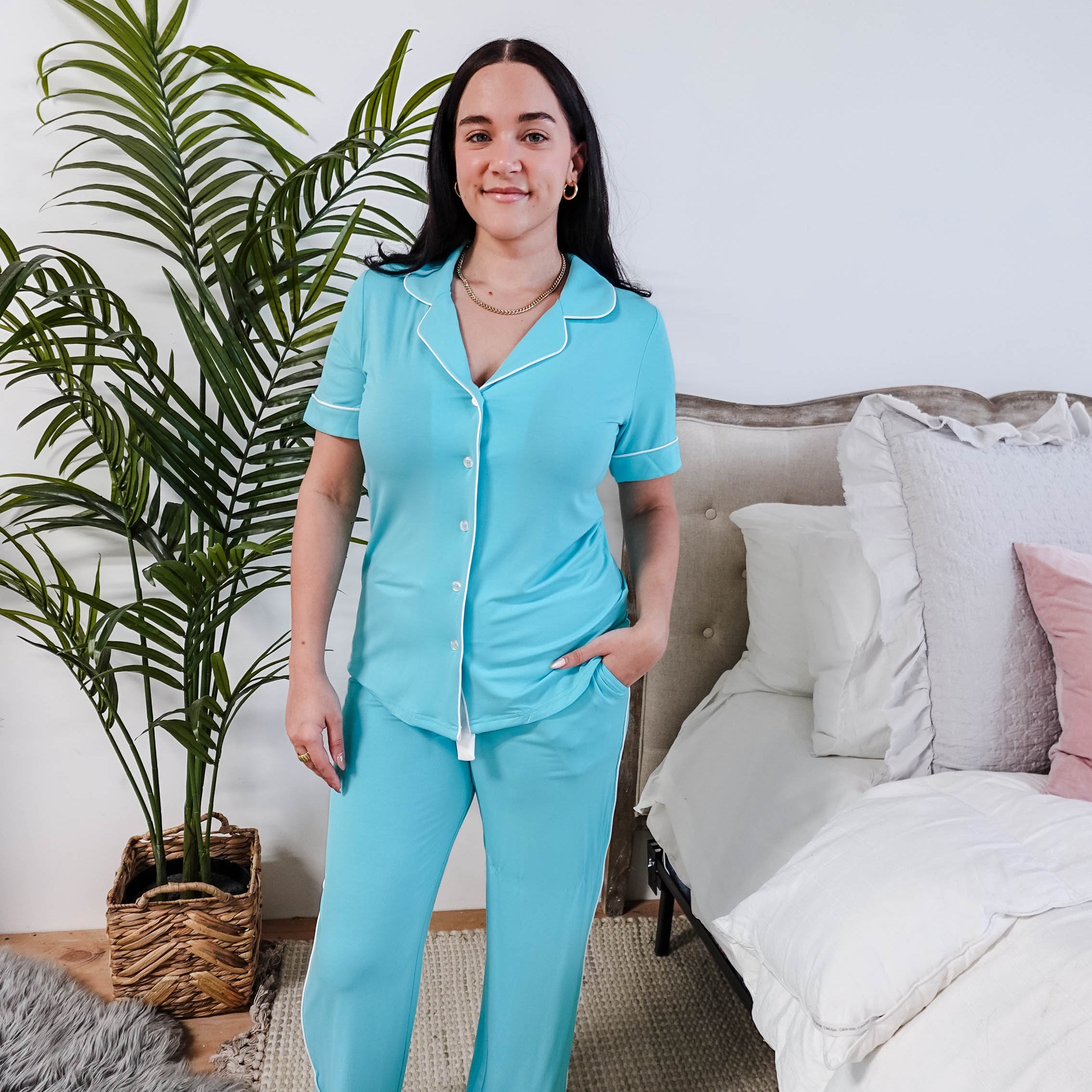 Sky Blue Short Sleeve Button Up Straight Pant Bamboo PJ Set georgia rylan