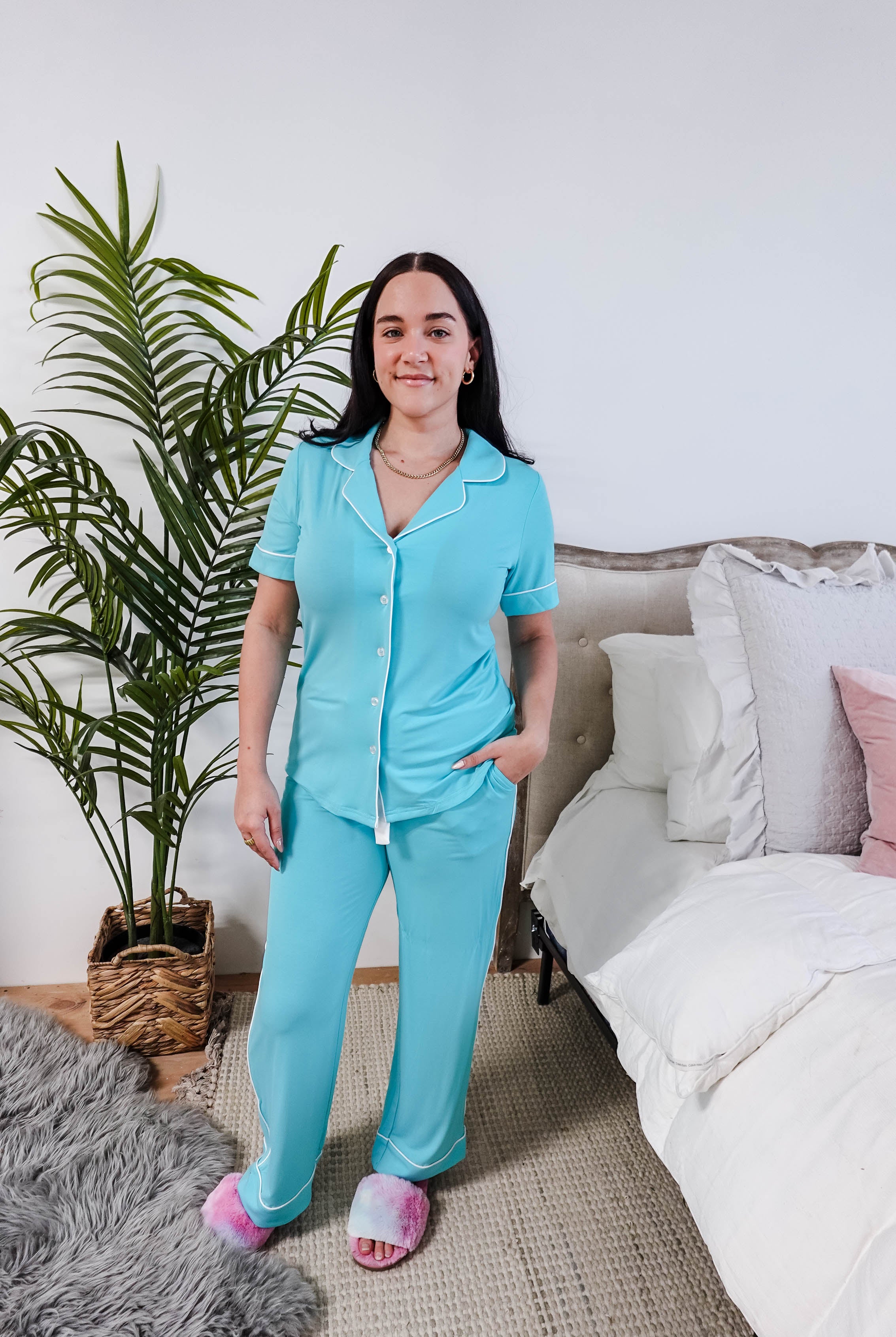 Sky Blue Short Sleeve Button Up Straight Pant Bamboo PJ Set georgia rylan