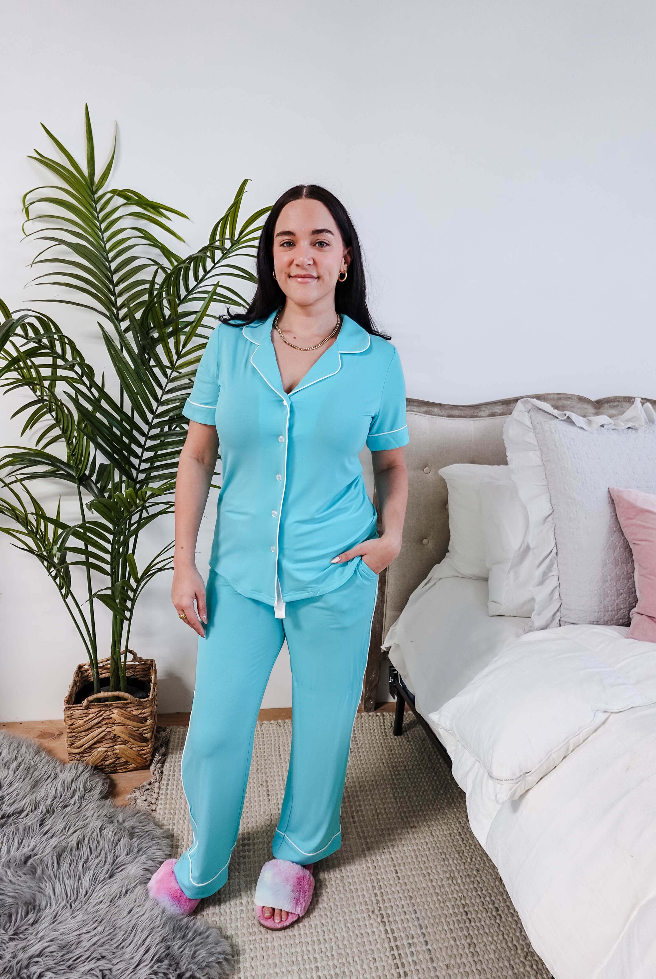 Sky Blue Short Sleeve Button Up Straight Pant Bamboo PJ Set georgia rylan