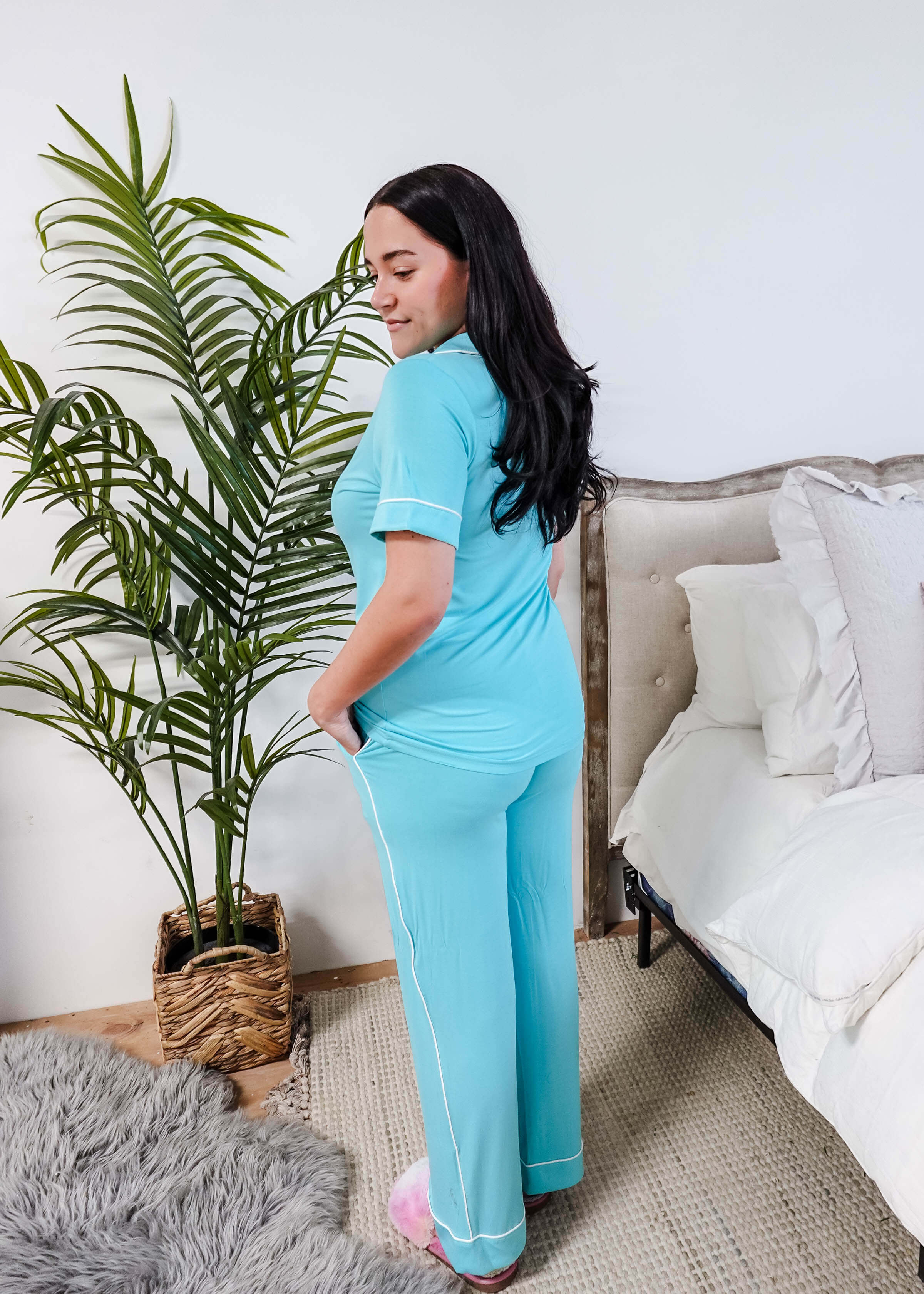 Sky Blue Short Sleeve Button Up Straight Pant Bamboo PJ Set georgia rylan