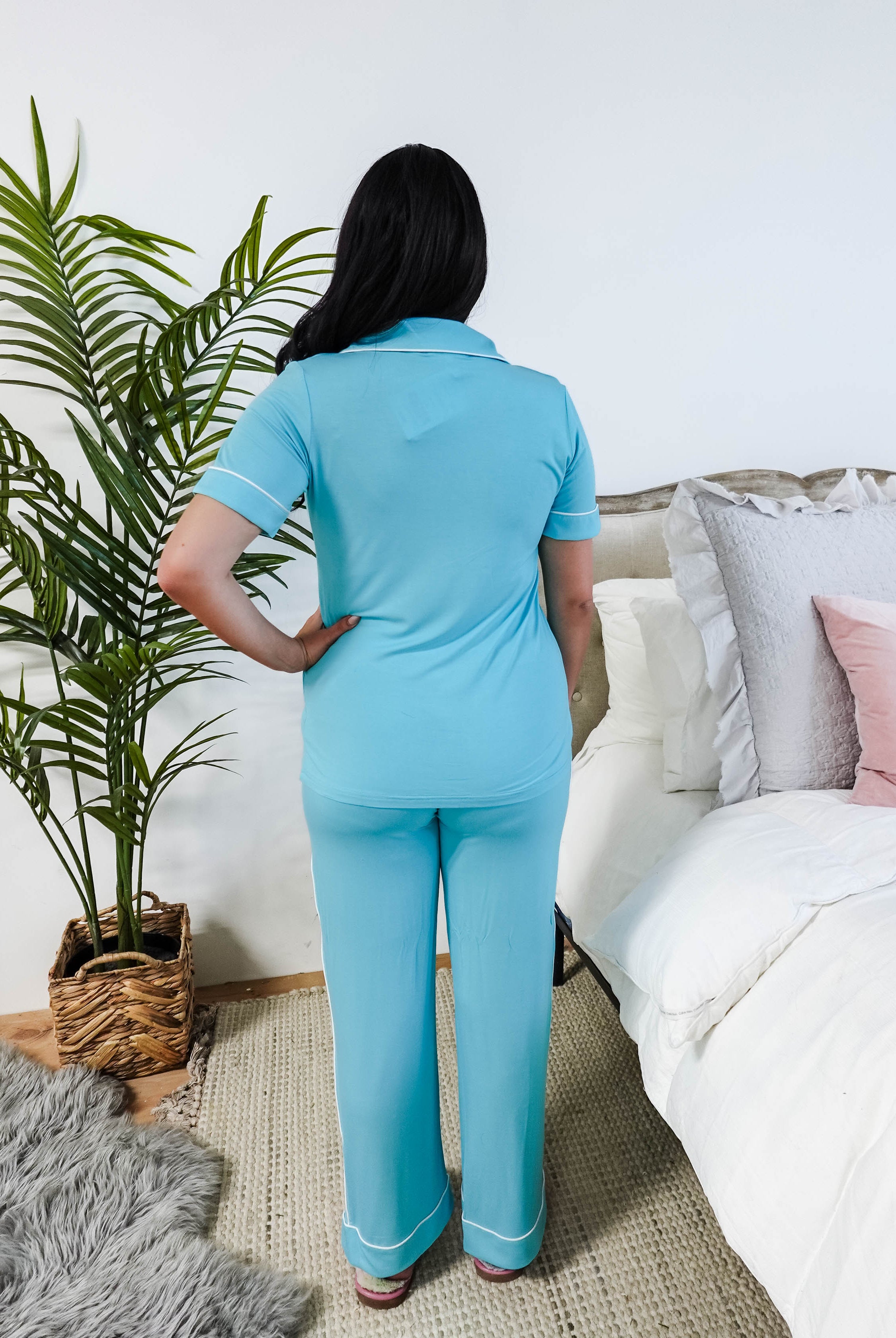 Sky Blue Short Sleeve Button Up Straight Pant Bamboo PJ Set georgia rylan