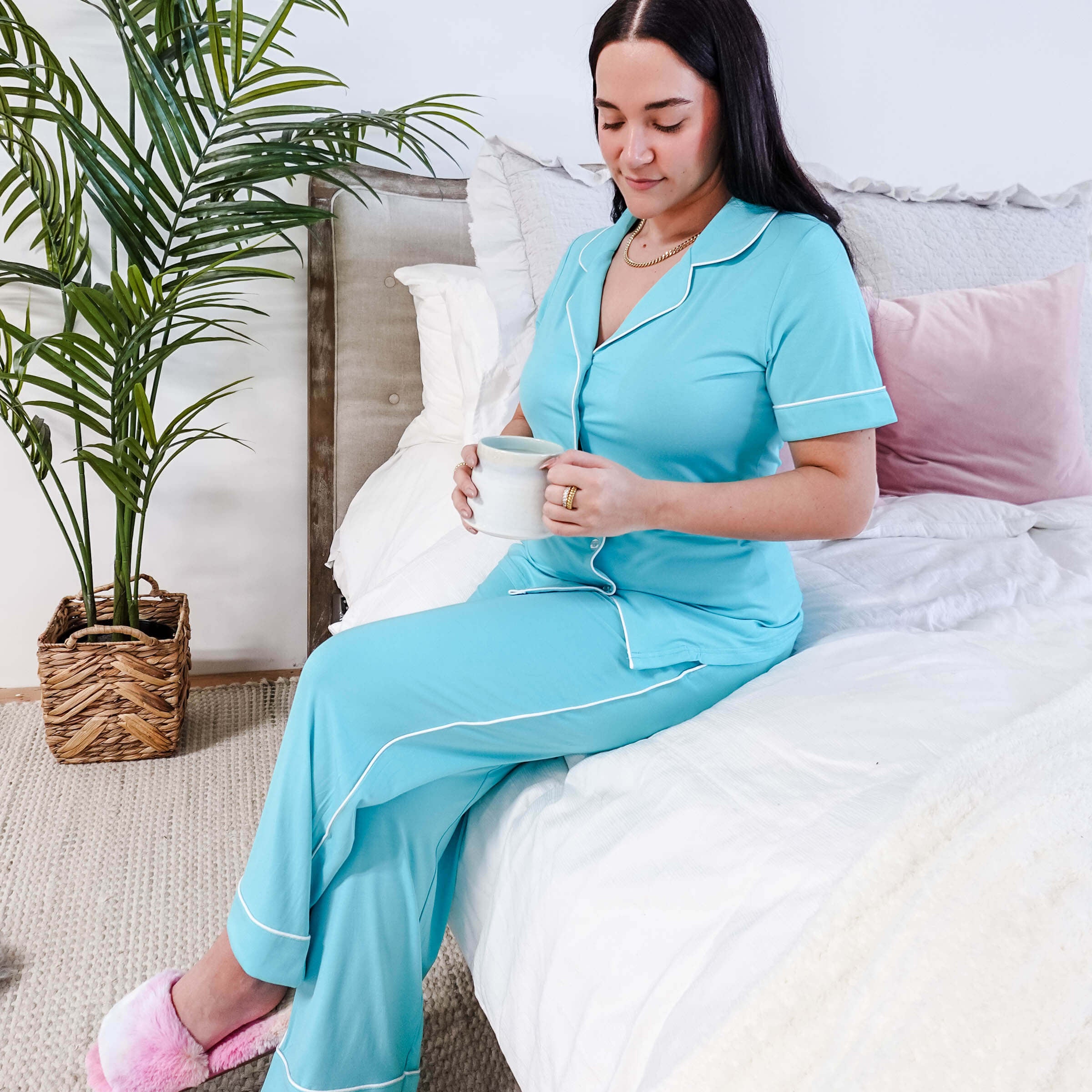 Sky Blue Short Sleeve Button Up Straight Pant Bamboo PJ Set georgia rylan