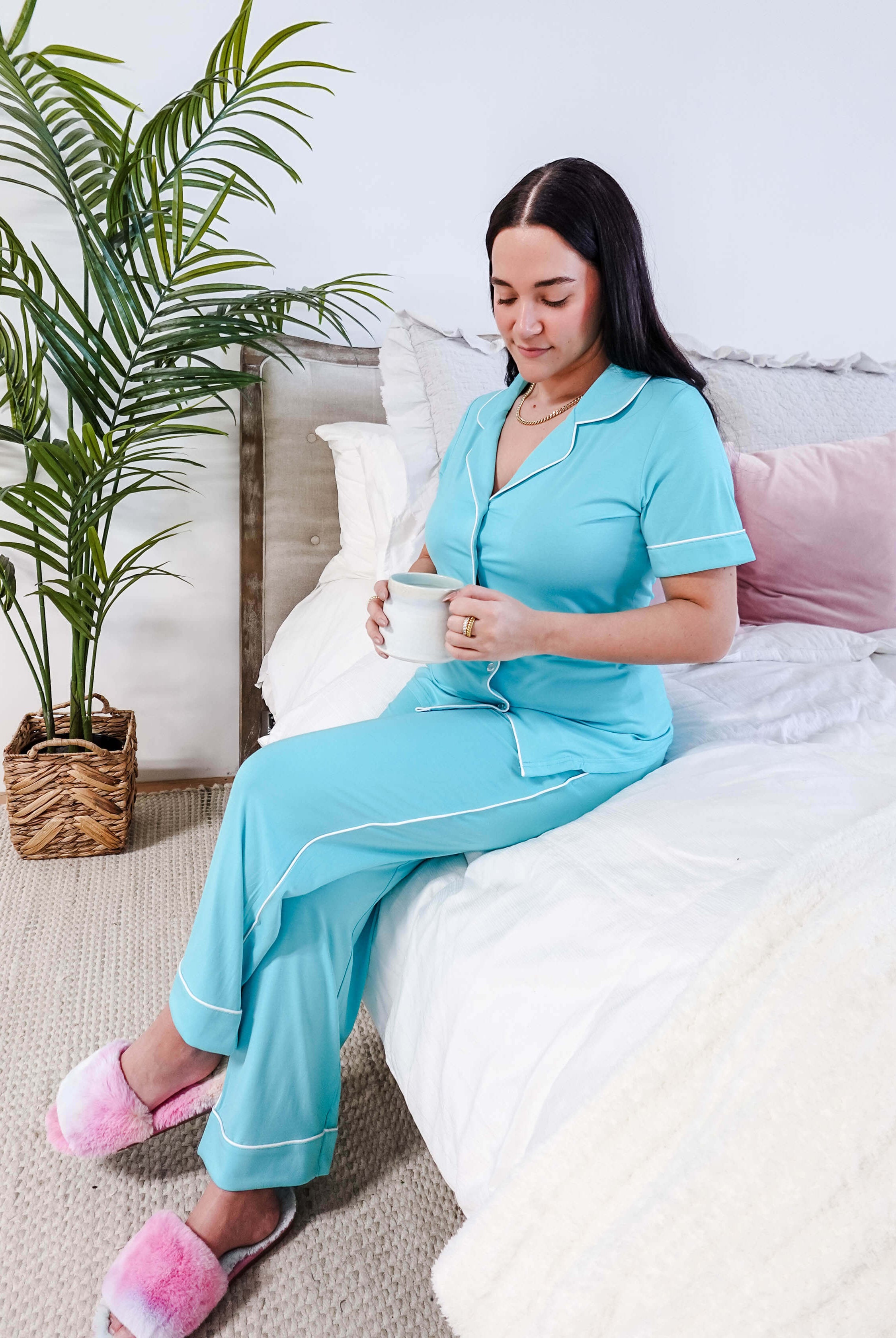 Sky Blue Short Sleeve Button Up Straight Pant Bamboo PJ Set georgia rylan