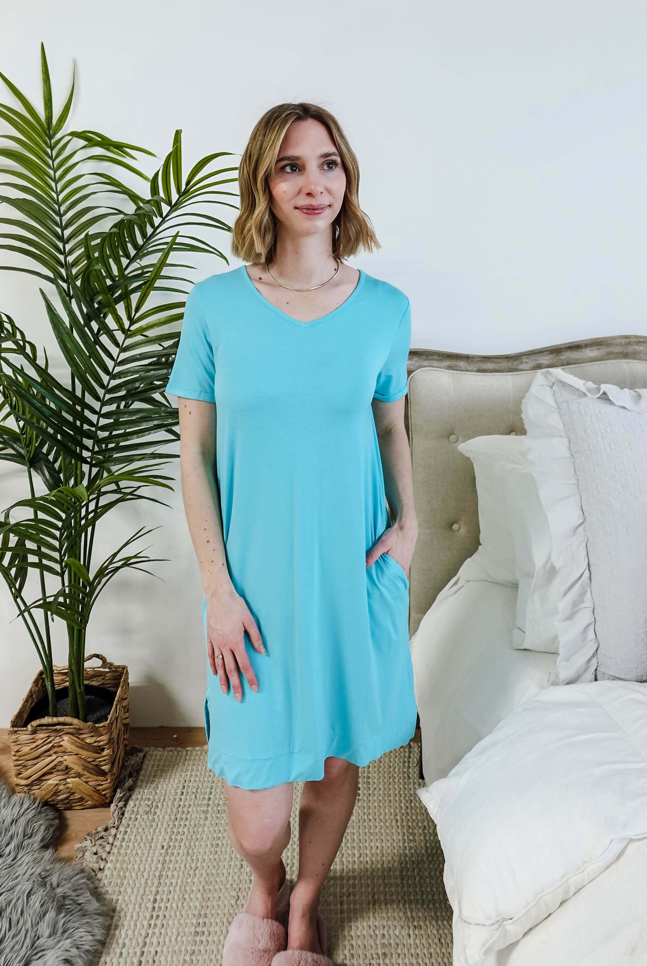 Sky Blue V-Neck Bamboo Nightshirt/Dress With Pockets | Georgia Rylan women's nightgown showing knee length