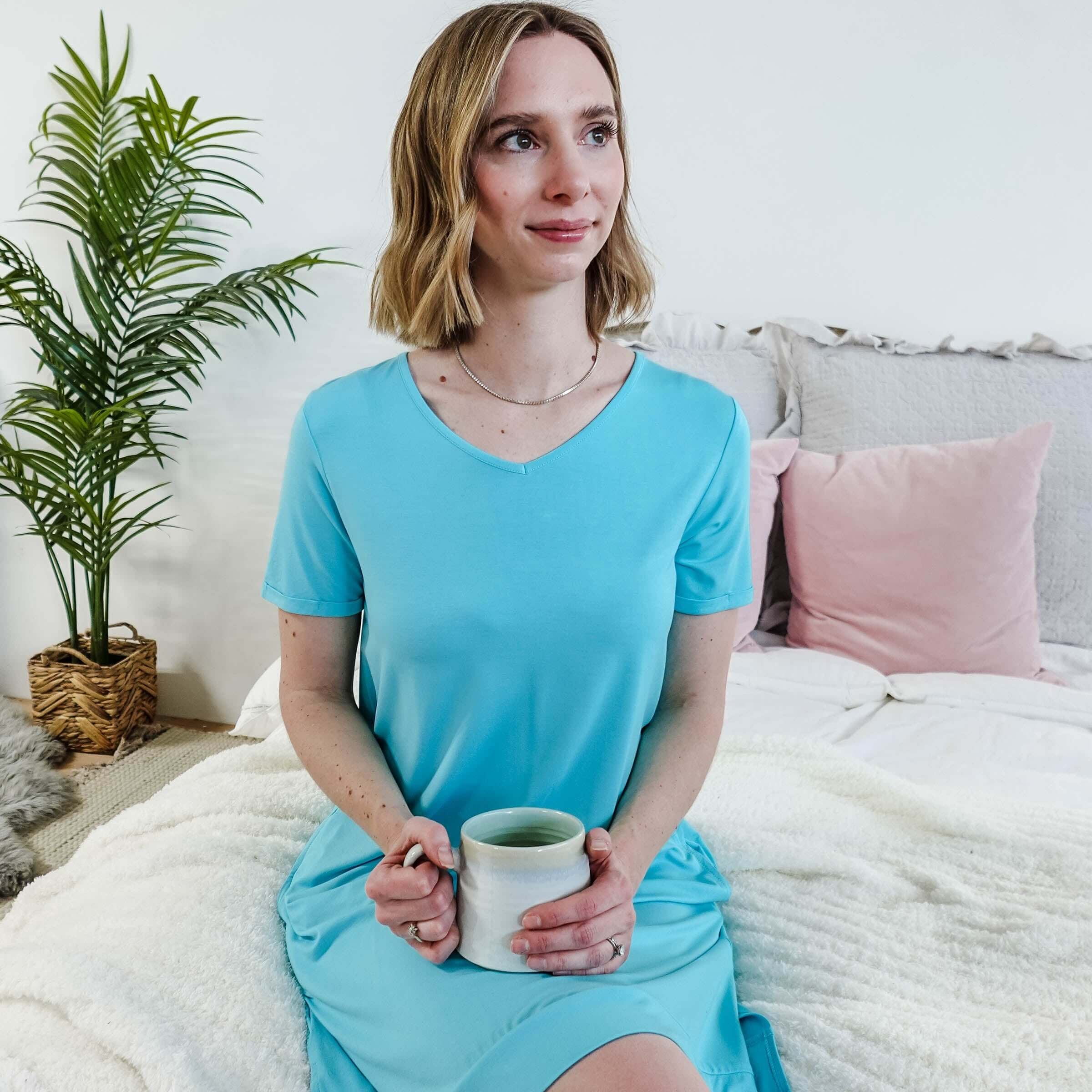 Sky Blue V-Neck Bamboo Nightshirt/Dress With Pockets | Georgia Rylan women's nightgown