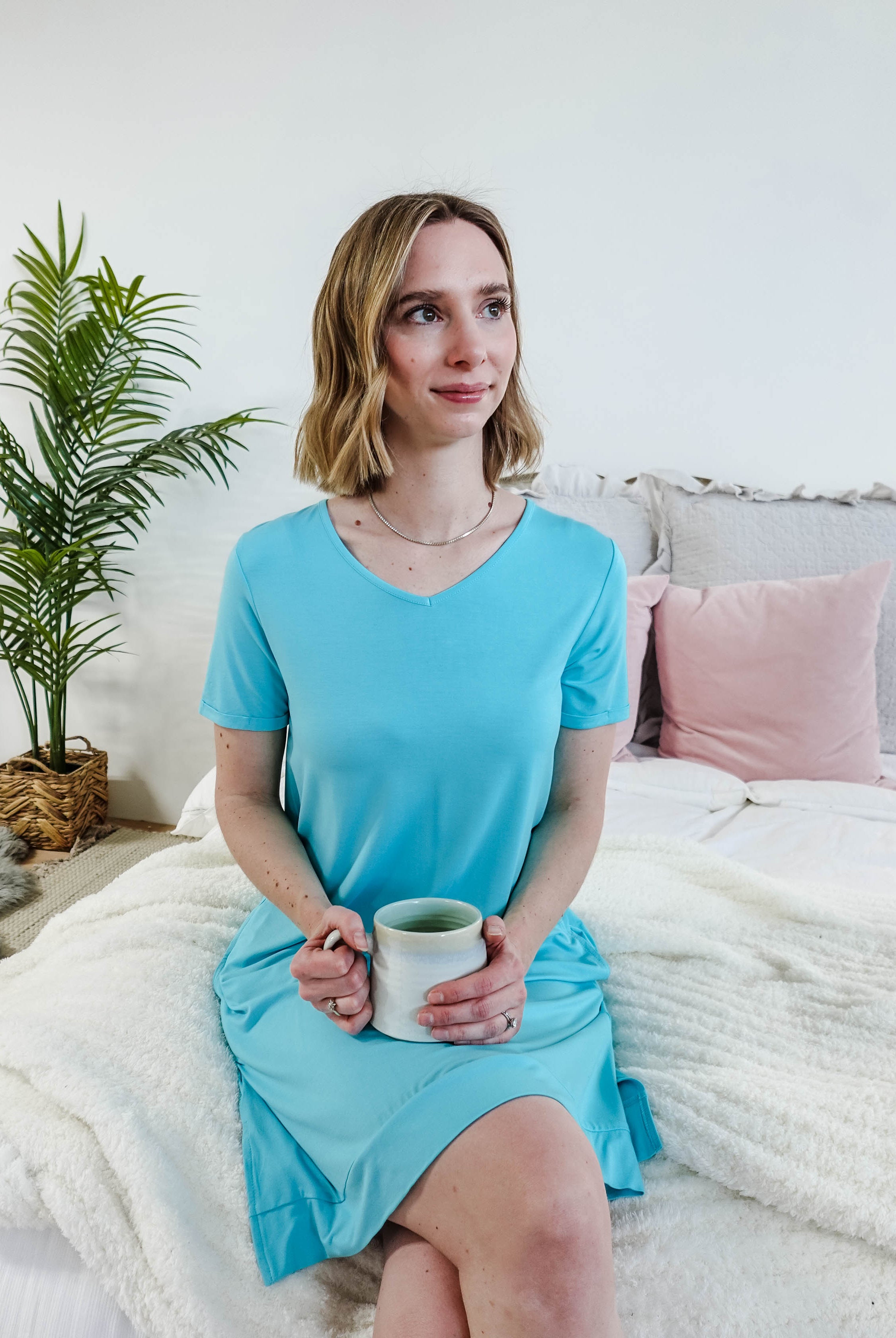 Sky Blue V-Neck Bamboo Nightshirt/Dress With Pockets | Georgia Rylan women's nightgown