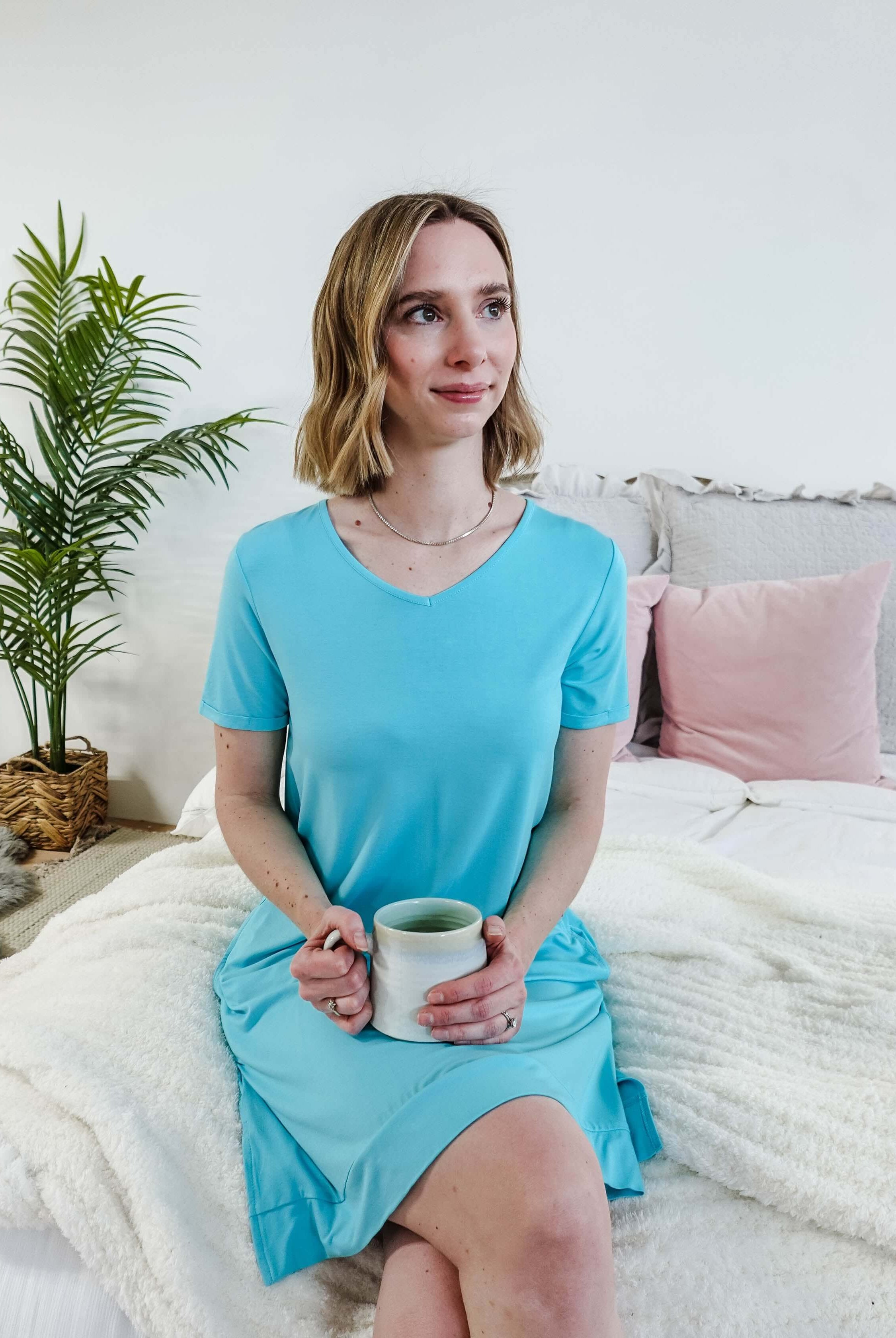 Sky Blue V-Neck Bamboo Nightshirt/Dress With Pockets | Georgia Rylan women's nightgown
