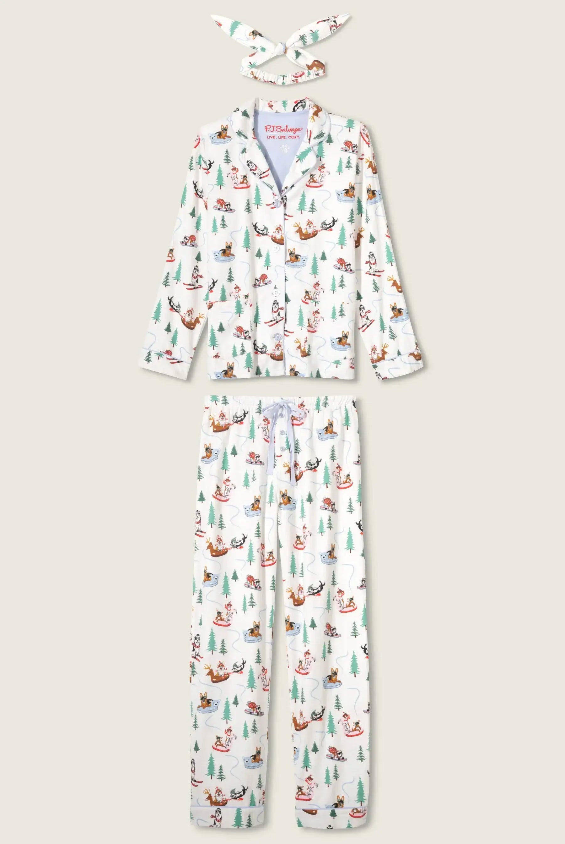 PJ Salvage "Sleigh All Day" 3-Piece Flannel PJ Set in winter white with playful dogs skiing and sledding.