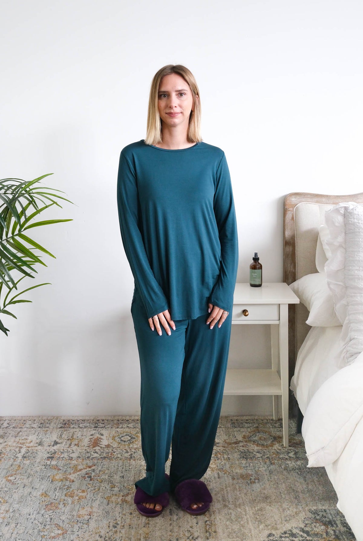Georgia Rylan Solid Long Sleeve Bamboo Tee Midnight Teal front view on model — Cloud Nine Pajamas Edmonton