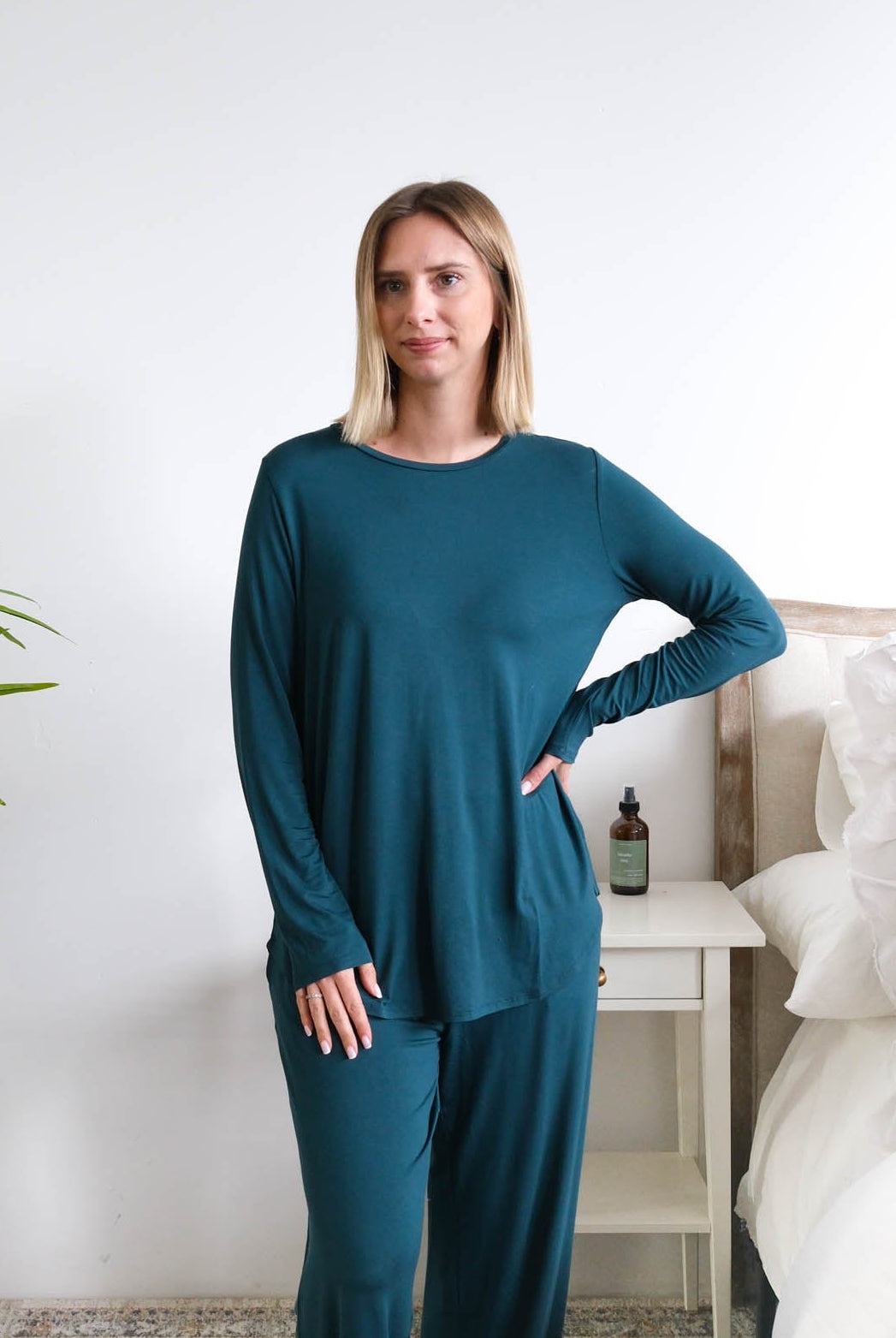 Georgia Rylan Solid Long Sleeve Bamboo Tee Midnight Teal front view on model — Cloud Nine Pajamas Edmonton