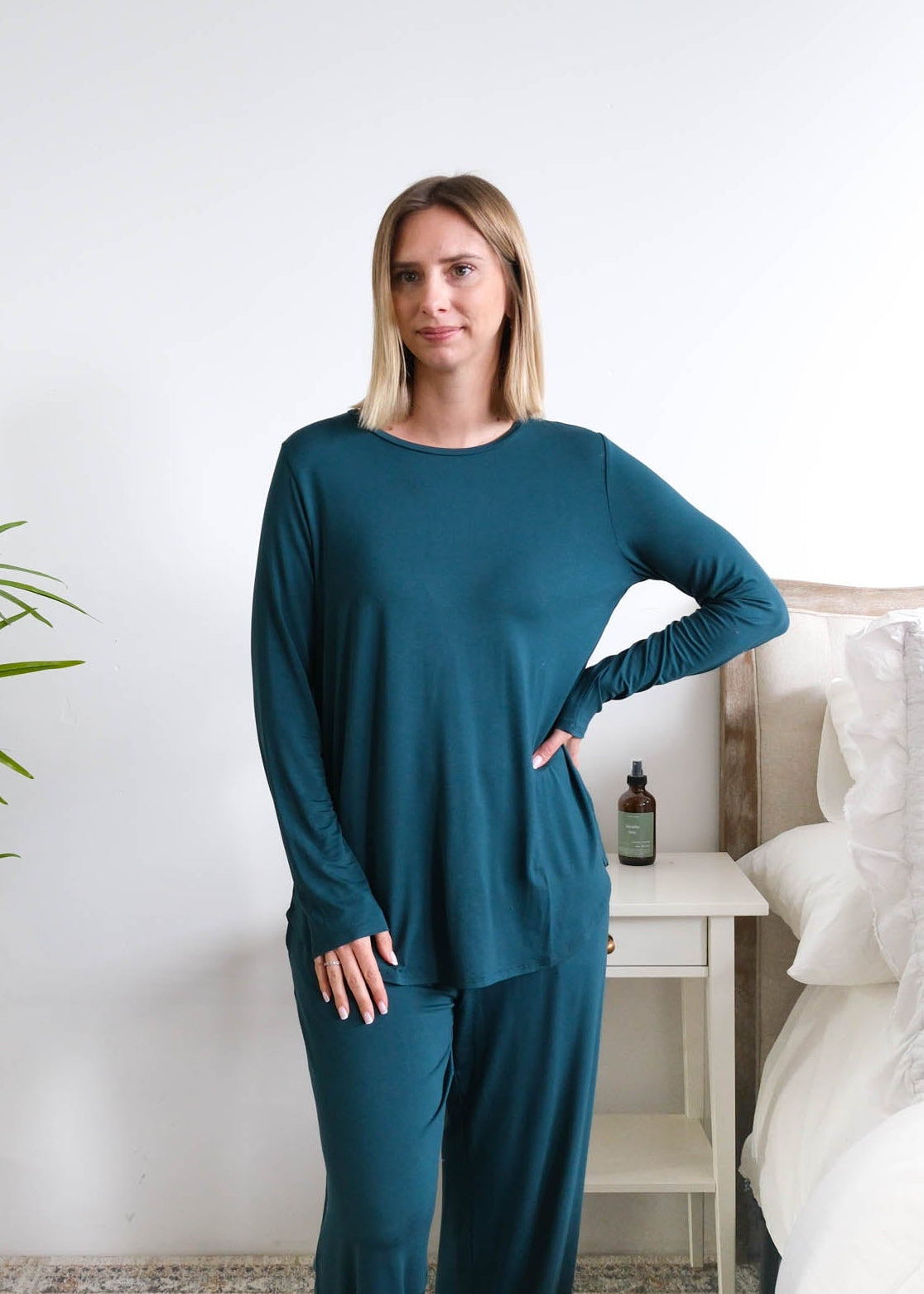 Georgia Rylan Solid Long Sleeve Bamboo Tee Midnight Teal front view on model — Cloud Nine Pajamas Edmonton