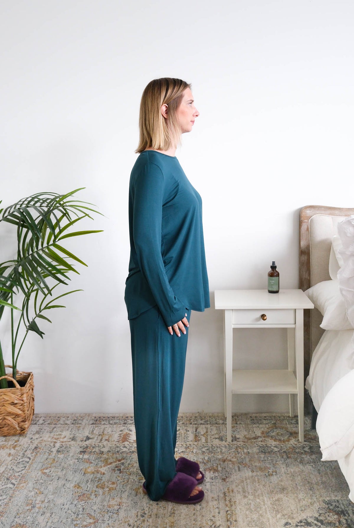 Georgia Rylan Midnight Teal Long Sleeve Bamboo Tee model side view — Cloud Nine Pajamas