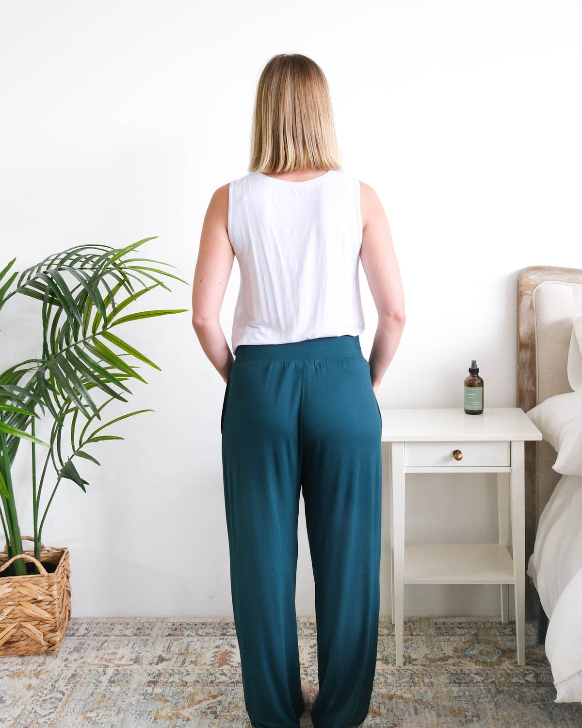Georgia Rylan Midnight Teal Straight Leg Pant model back view — Cloud Nine Pajamas