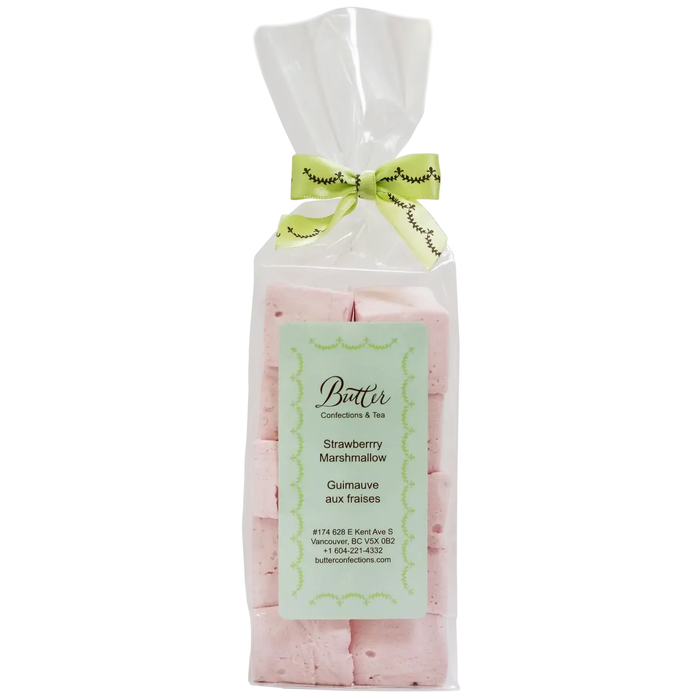 Handcrafted Gourmet Marshmallows in a 4-piece taster bag with a pink strawberry flavor and decorative bow.