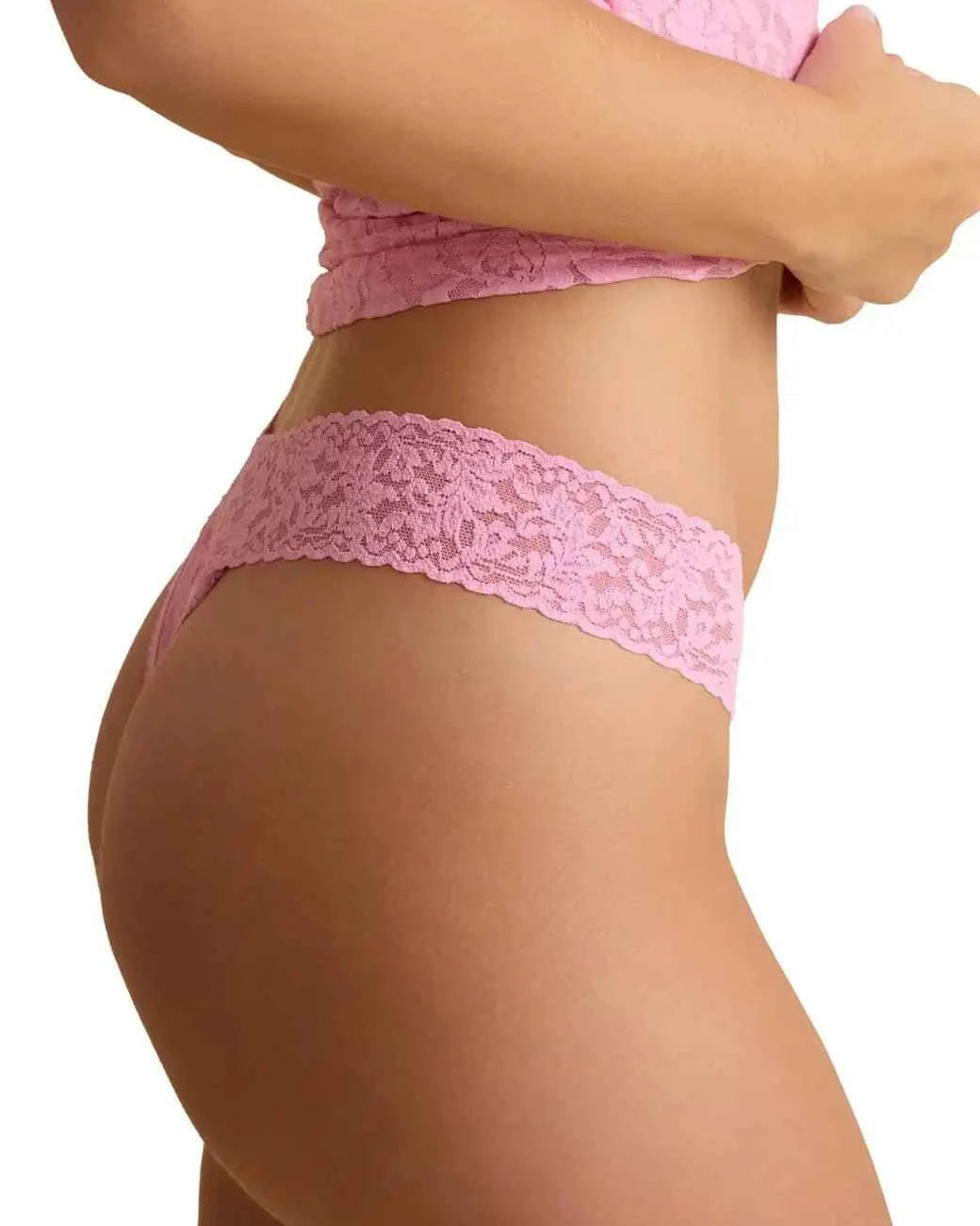 Strawberry Lemonade Pink Hanky Panky Women's Signature Stretch Lace Original Rise Thong One Size Fits Most Side View