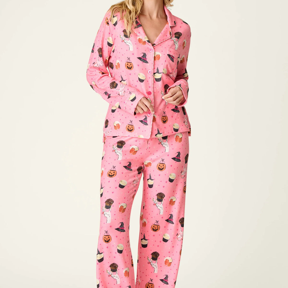PJ Salvage Sweet and Spooky Halloween PJ Set Button Up peachy pink front view on model — Cloud Nine Pajamas Edmonton