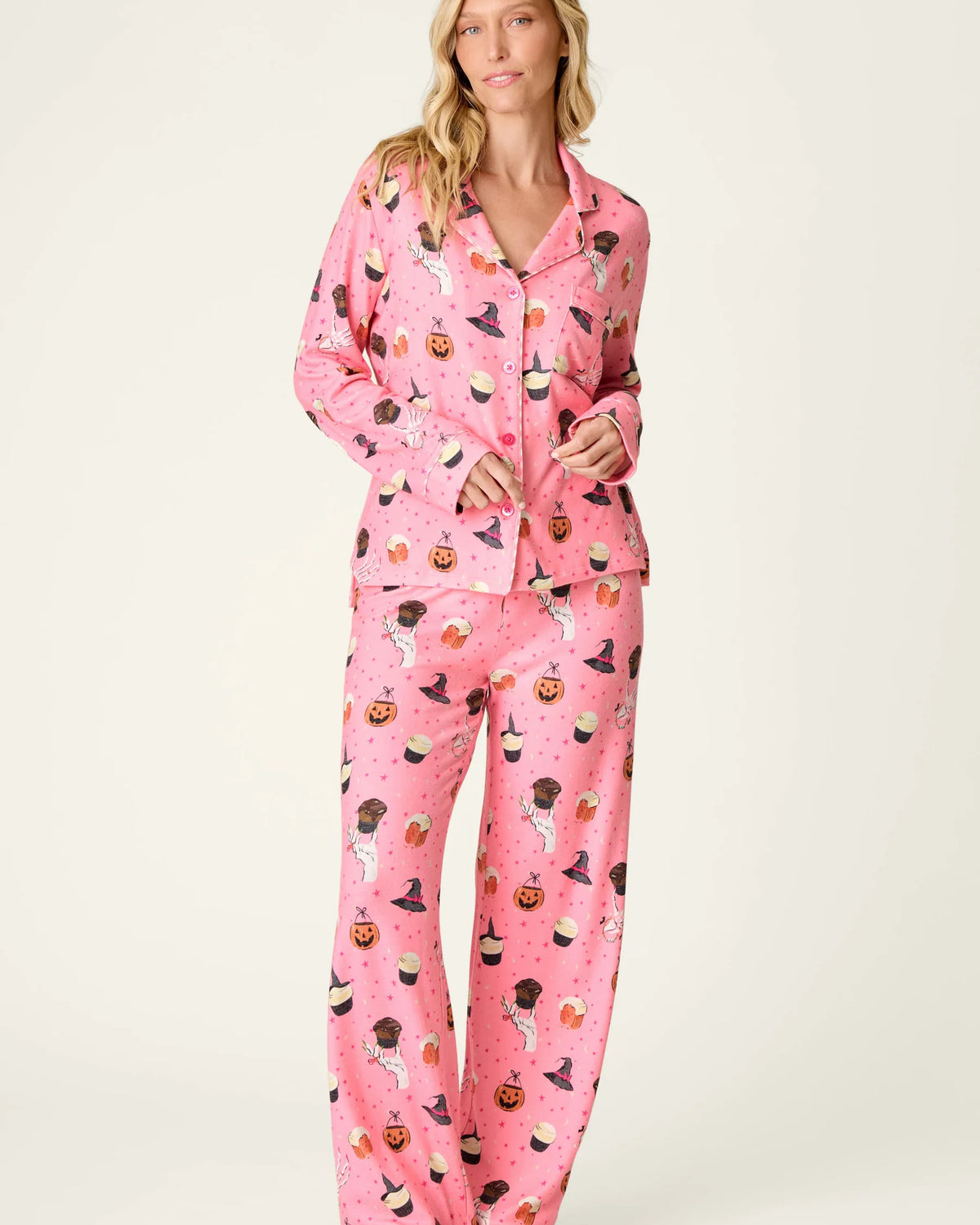 PJ Salvage Sweet and Spooky Halloween PJ Set Button Up peachy pink front view on model — Cloud Nine Pajamas Edmonton