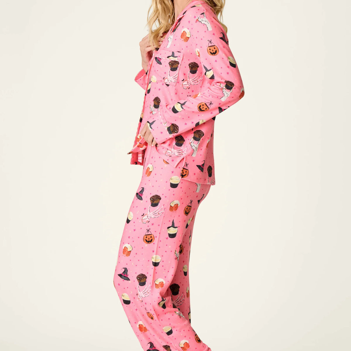 PJ Salvage Sweet and Spooky Halloween PJ Set Button Up peachy pink side view on model — Cloud Nine Pajamas Edmonton