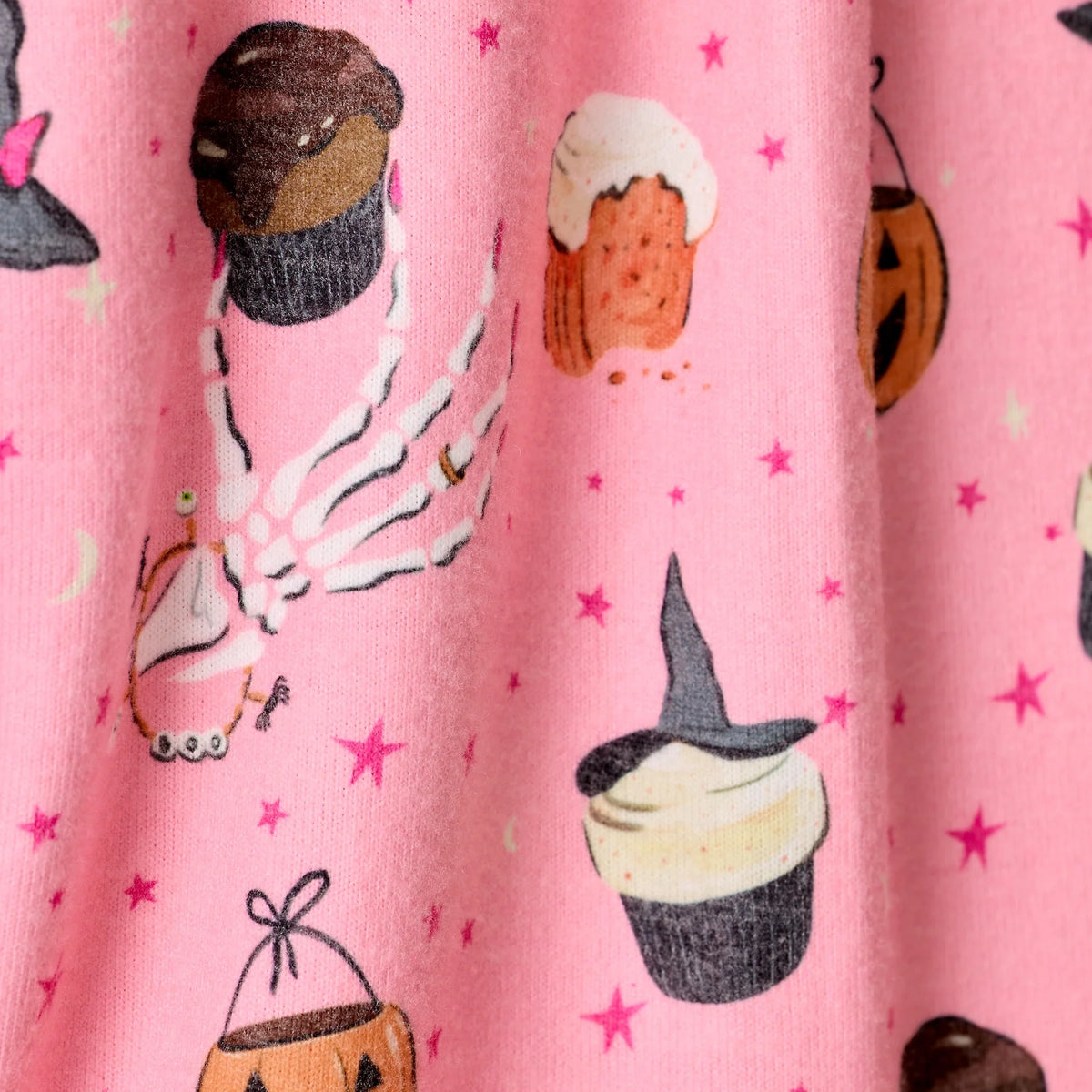 PJ Salvage Sweet and Spooky Pink Melon butter jersey fabric swatch — Cloud Nine Pajamas