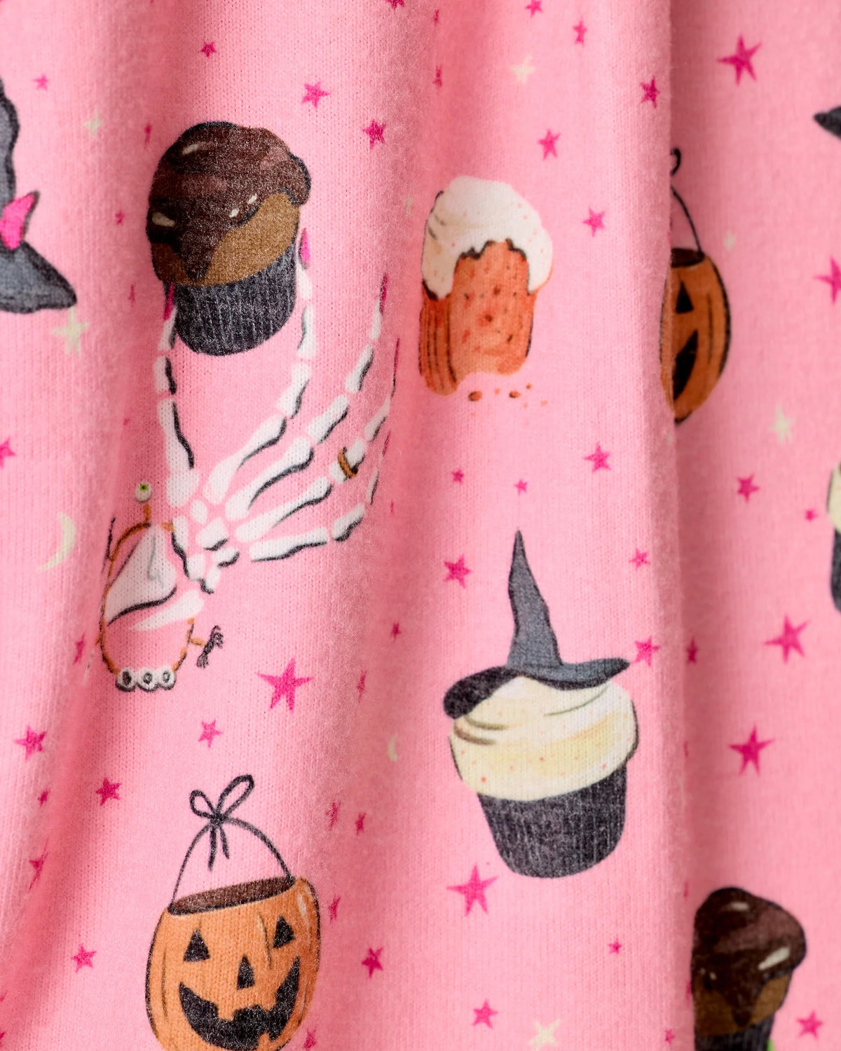 PJ Salvage Sweet and Spooky Pink Melon butter jersey fabric swatch — Cloud Nine Pajamas