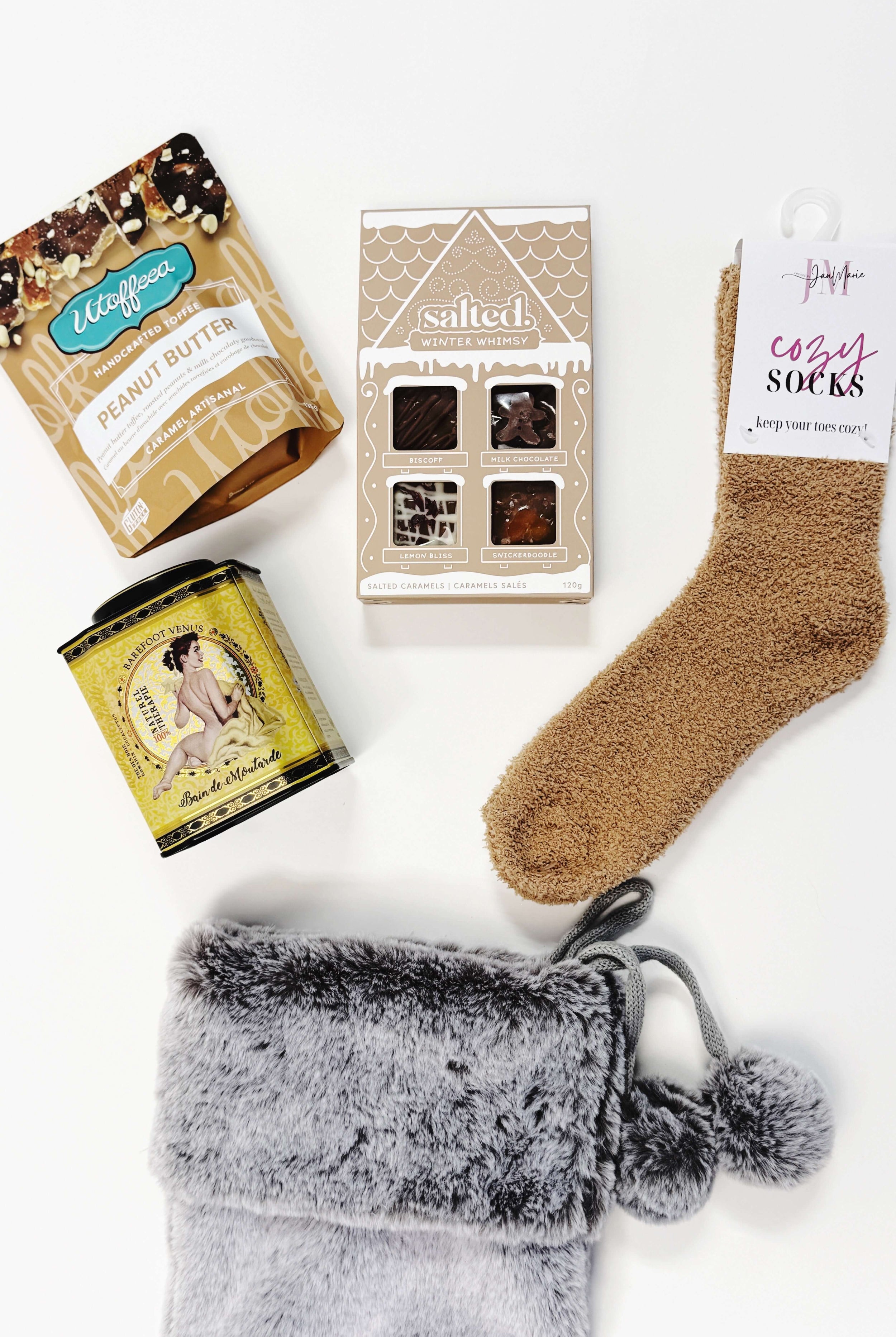 The Sweet Tooth Stocking Stuffer Gift Set with Utoffeea, Fuzzy Socks, Salted Caramels and Mustard Bath for ultimate relaxation for Mom/Sister/Wife/Daughter