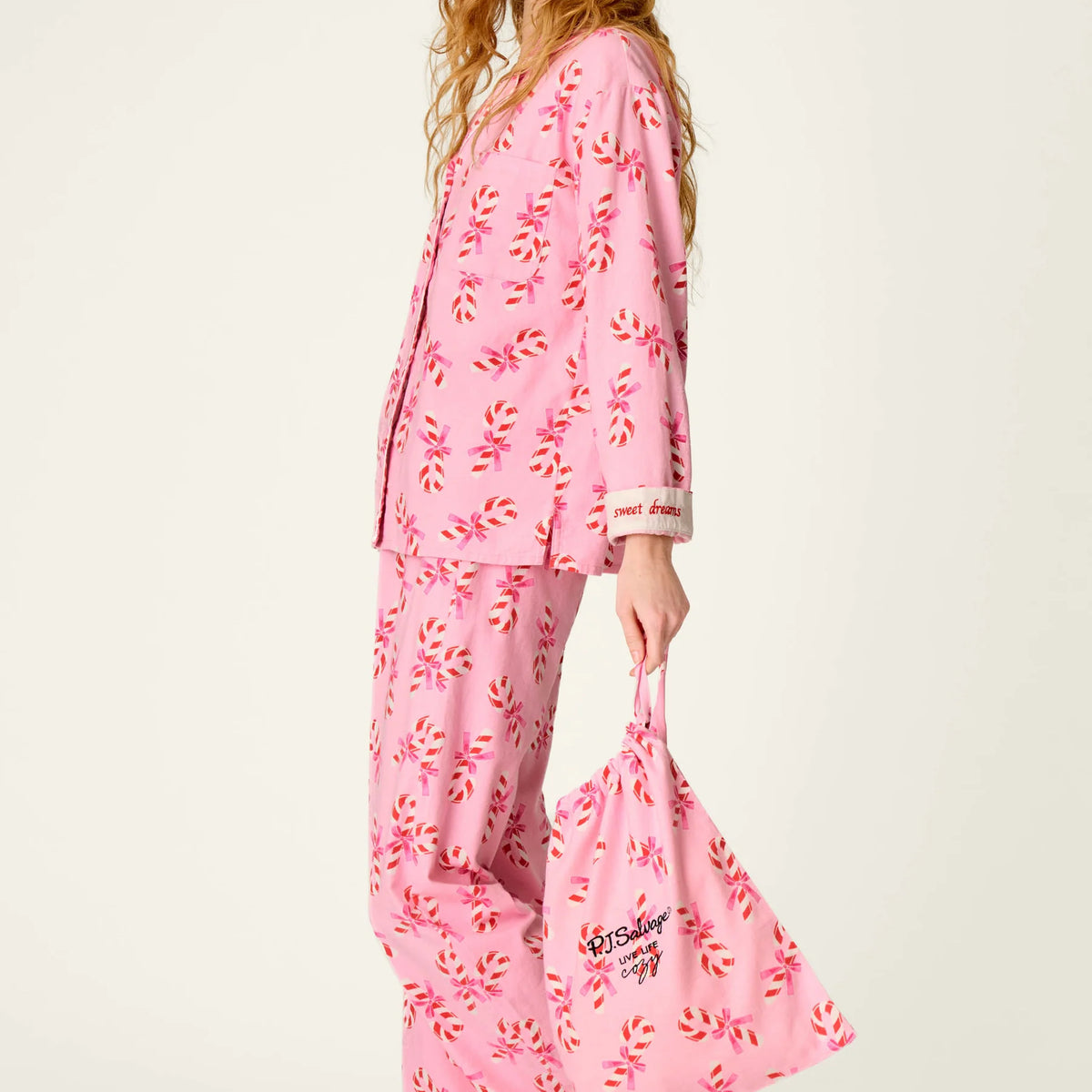 PJ Salvage Sweeter Than Sugar Candy Cane 4-Piece Flannel Gift Set side view on model — Cloud Nine Pajamas Edmonton