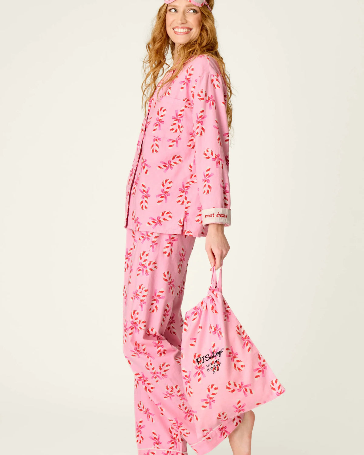 PJ Salvage Sweeter Than Sugar Candy Cane 4-Piece Flannel Gift Set side view on model — Cloud Nine Pajamas Edmonton