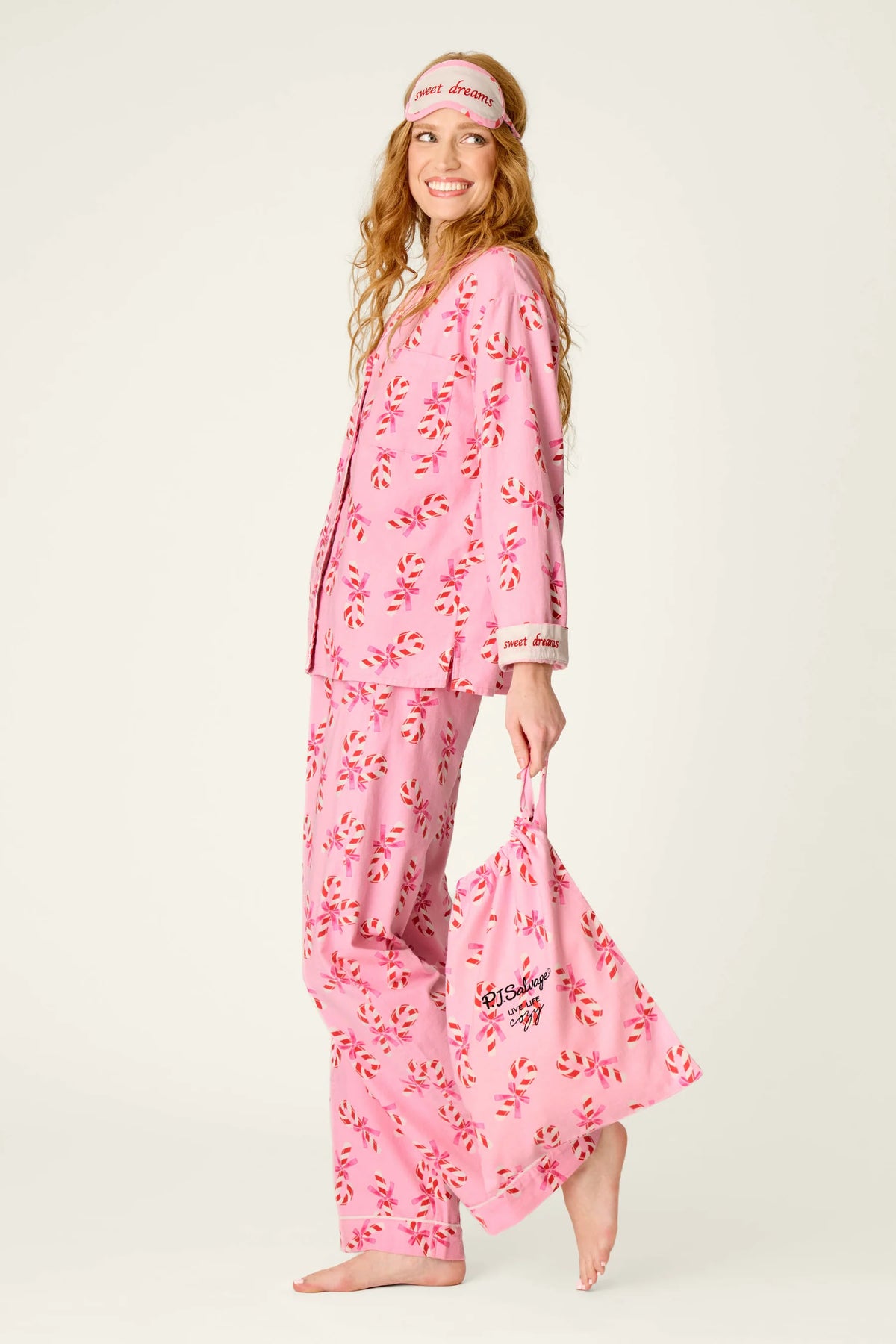 PJ Salvage Sweeter Than Sugar Candy Cane 4-Piece Flannel Gift Set side view on model — Cloud Nine Pajamas Edmonton