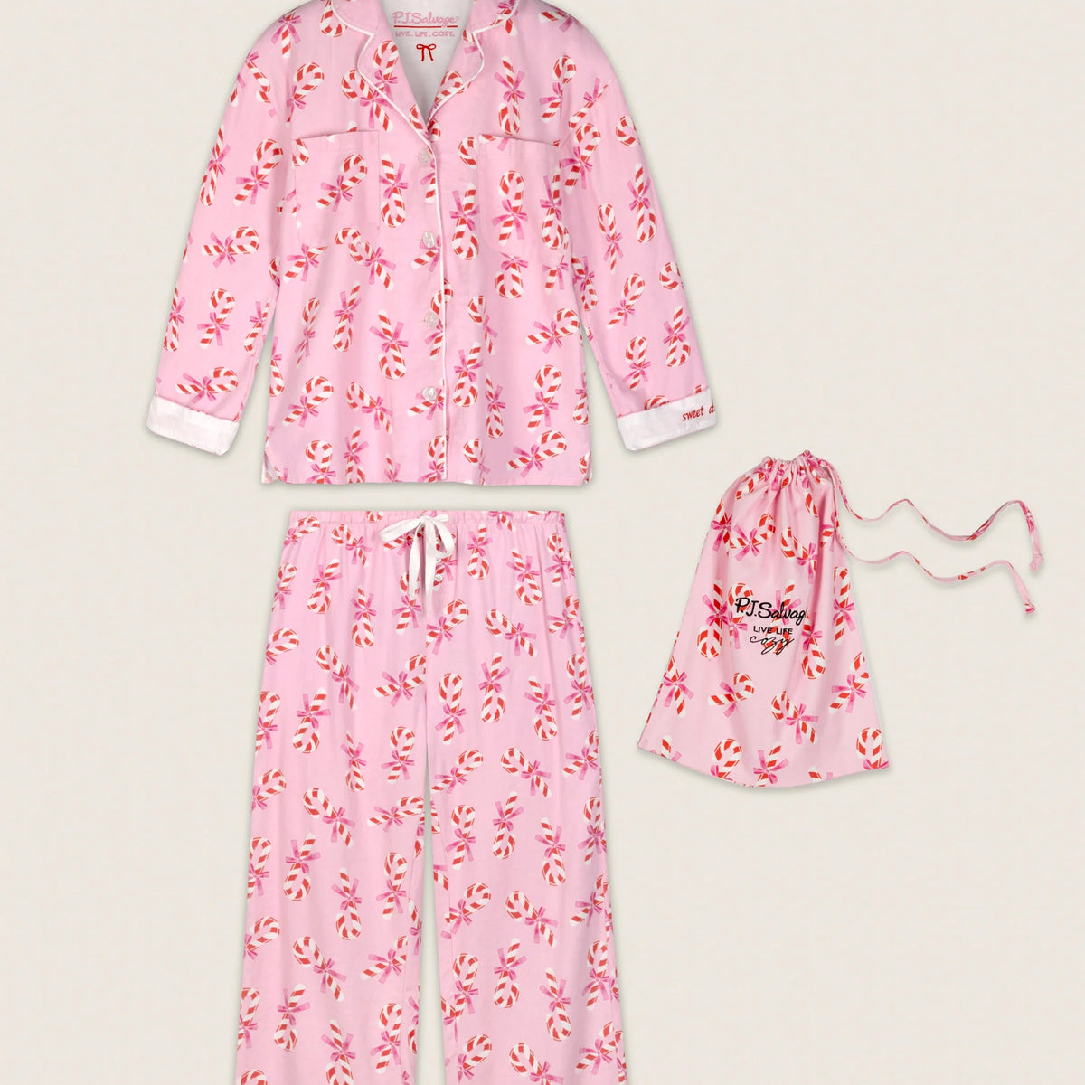 PJ Salvage Sweeter Than Sugar Flannel Gift Set full set layout with bag and eye mask — Cloud Nine Pajamas Edmonton