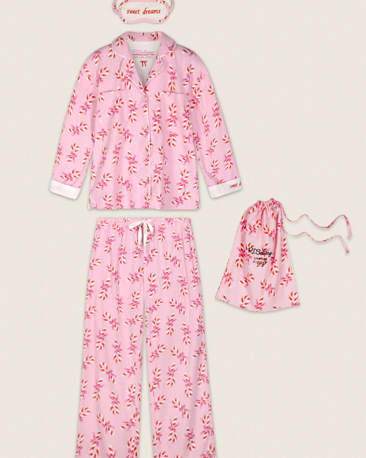 PJ Salvage Sweeter Than Sugar Flannel Gift Set full set layout with bag and eye mask — Cloud Nine Pajamas Edmonton