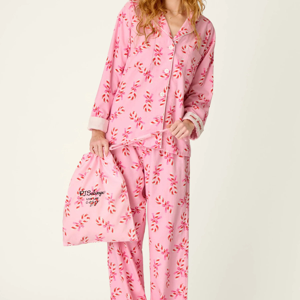 PJ Salvage Sweeter Than Sugar Candy Cane 4-Piece Flannel Gift Set front view on model — Cloud Nine Pajamas Edmonton