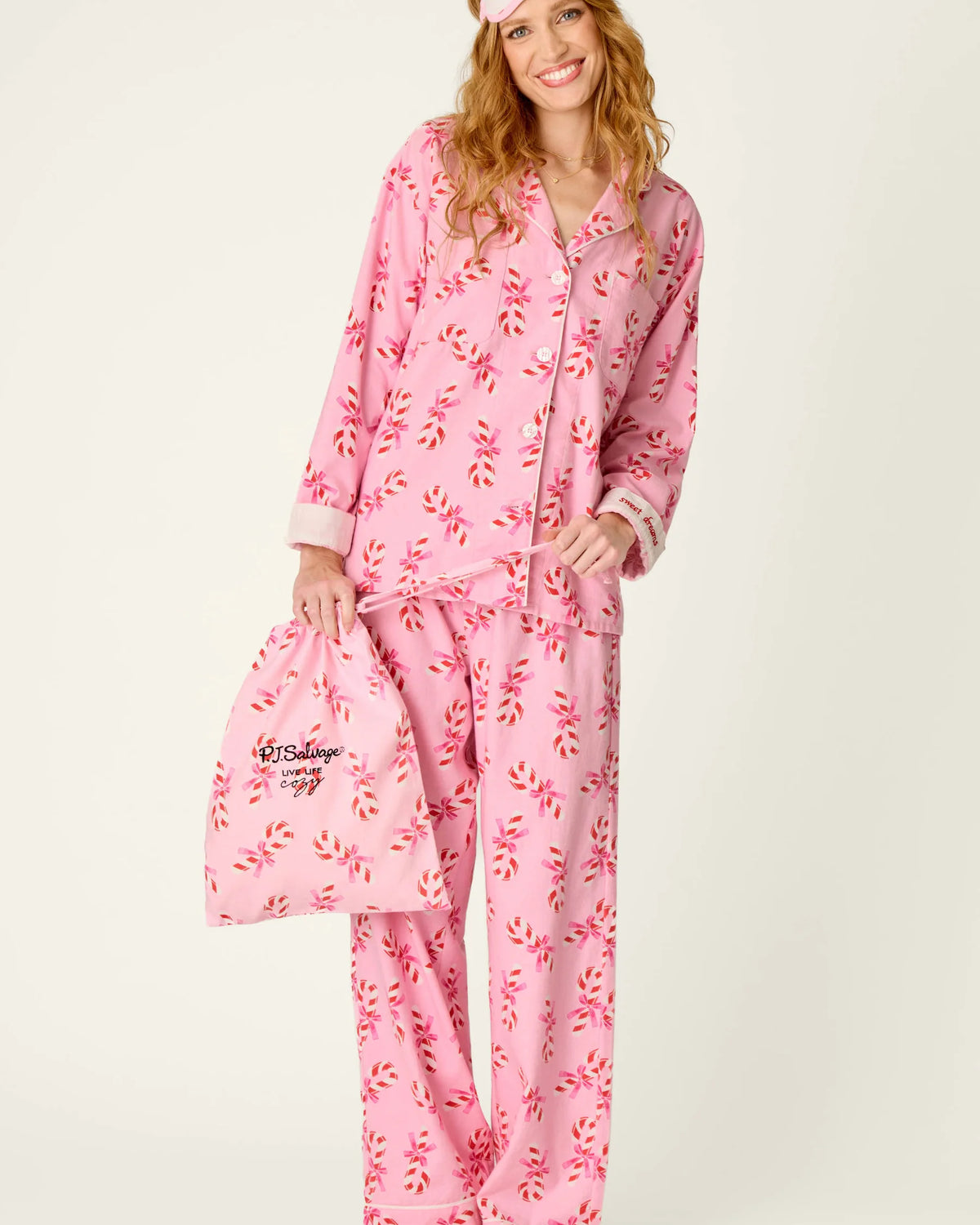 PJ Salvage Sweeter Than Sugar Candy Cane 4-Piece Flannel Gift Set front view on model — Cloud Nine Pajamas Edmonton