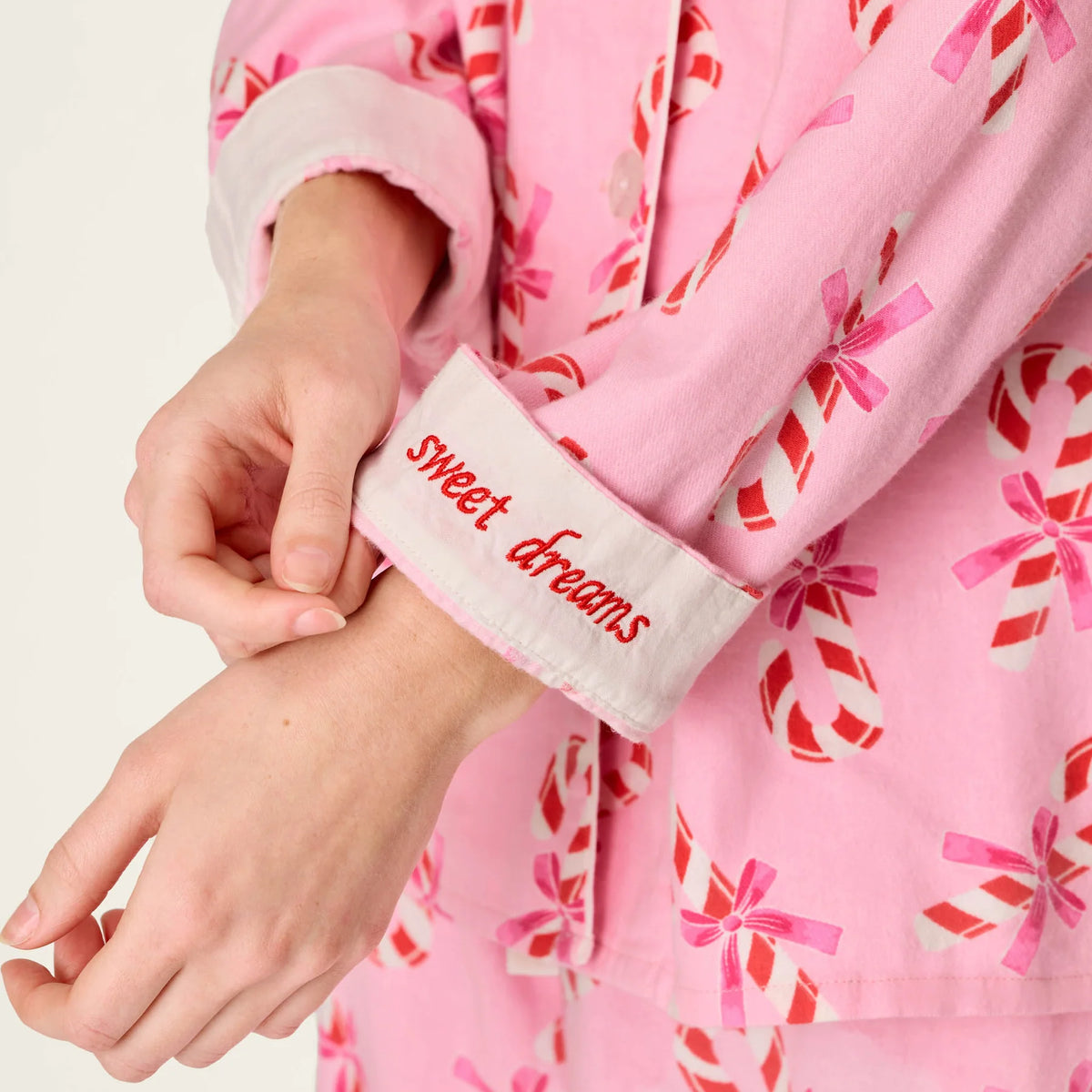 PJ Salvage Sweeter Than Sugar Flannel Set Sweet Dreams embroidered contrast cuffs detail — Cloud Nine Pajamas