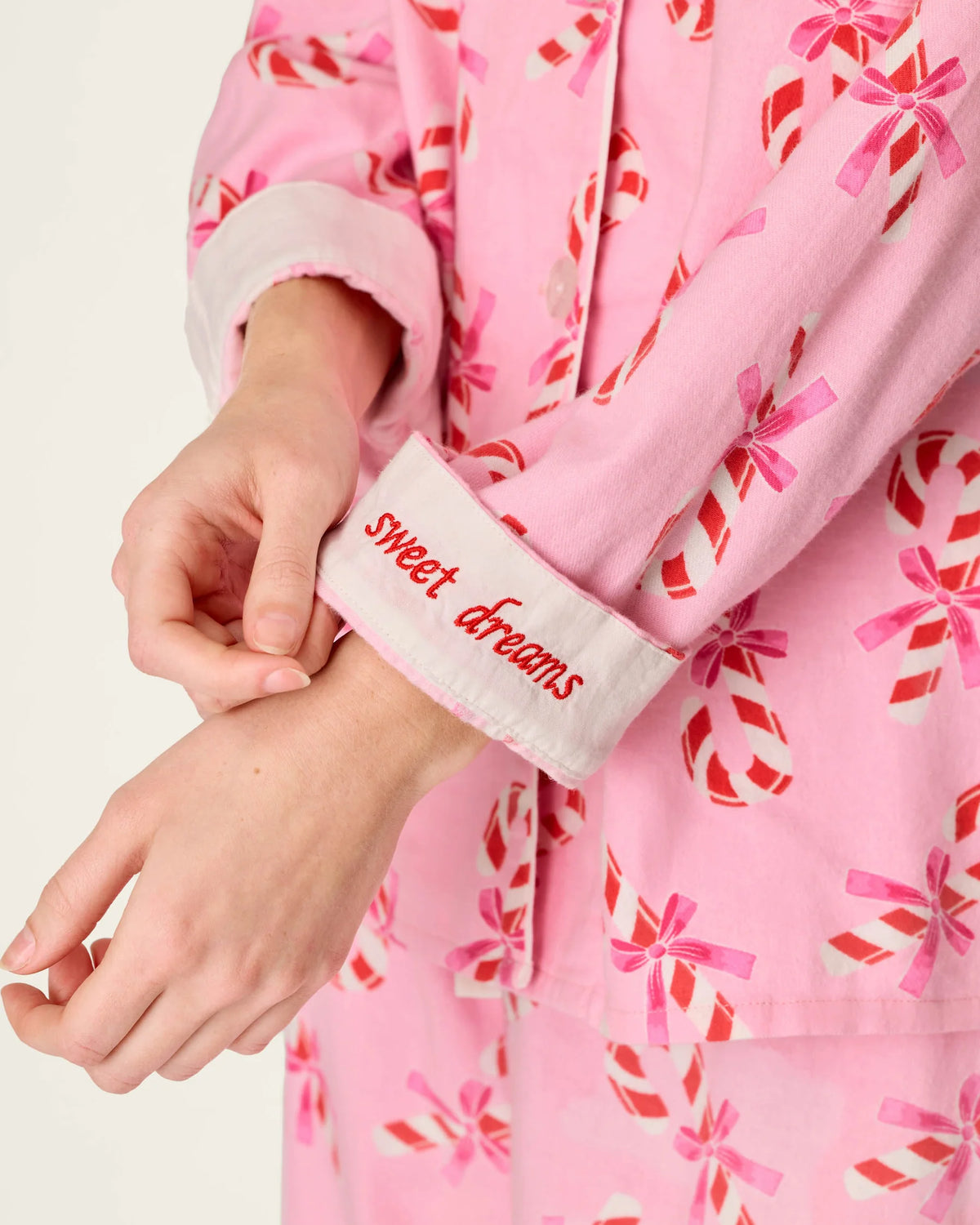 PJ Salvage Sweeter Than Sugar Flannel Set Sweet Dreams embroidered contrast cuffs detail — Cloud Nine Pajamas