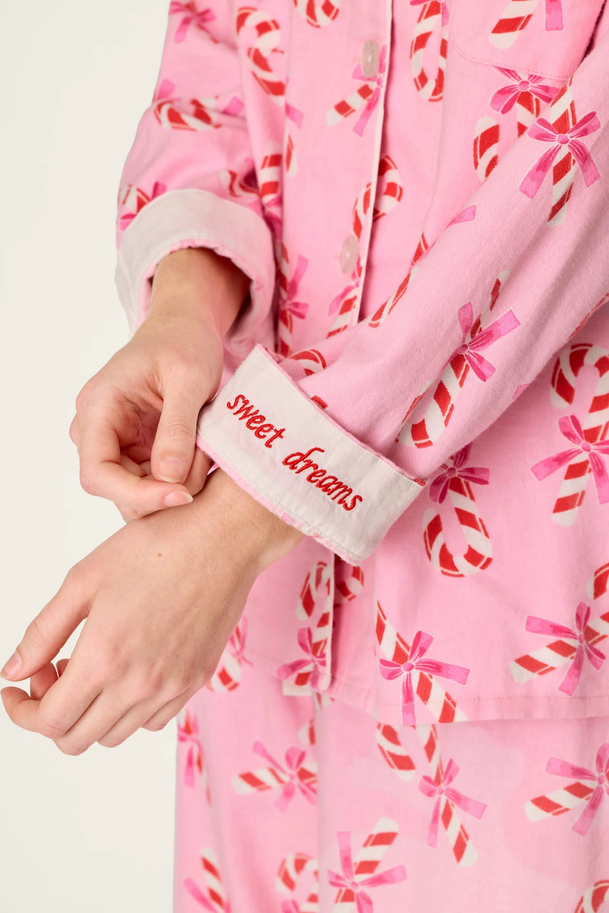 PJ Salvage Sweeter Than Sugar Flannel Set Sweet Dreams embroidered contrast cuffs detail — Cloud Nine Pajamas