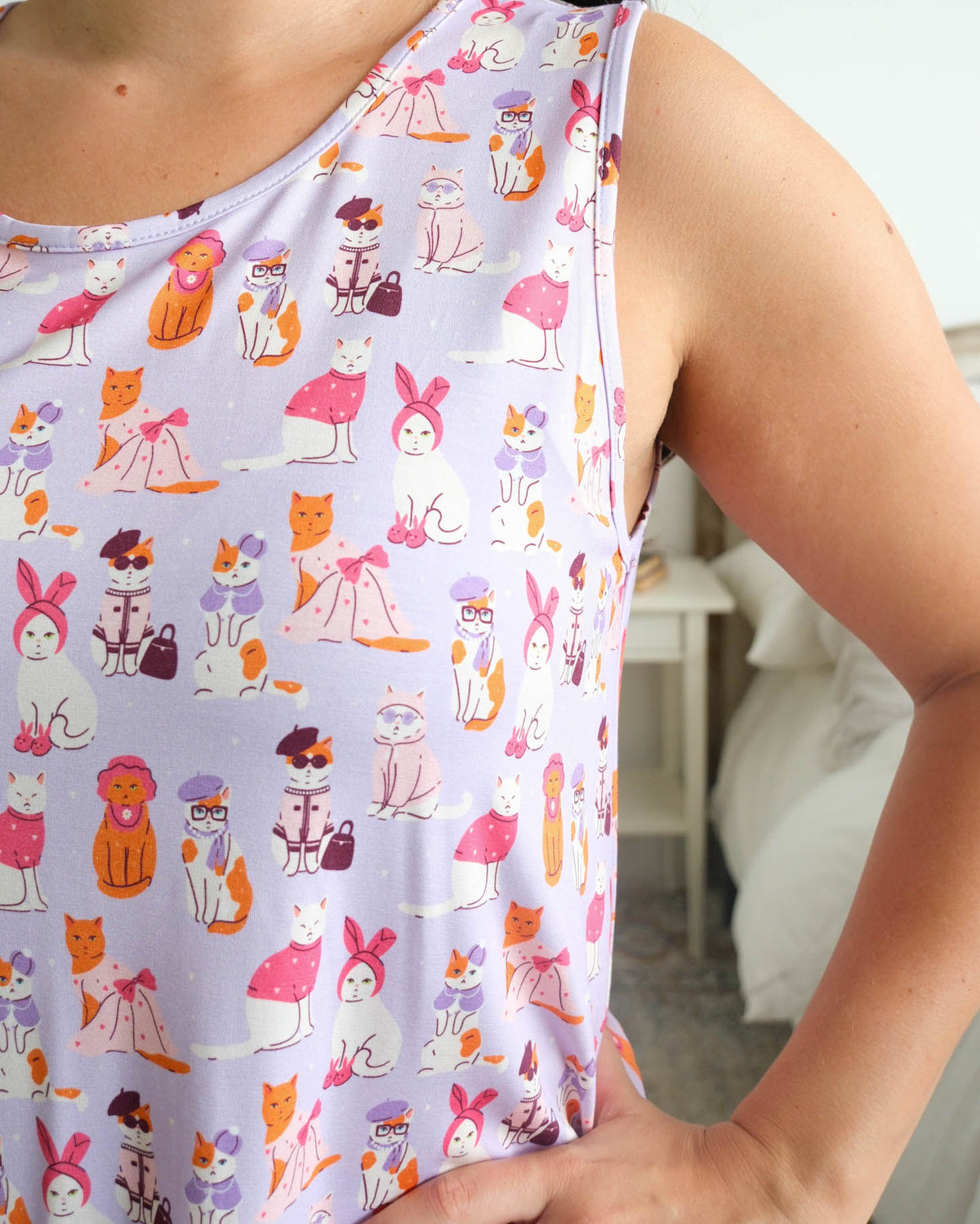 Georgia Rylan Catwalk Kitties Bamboo Tank top detail — Cloud Nine Pajamas