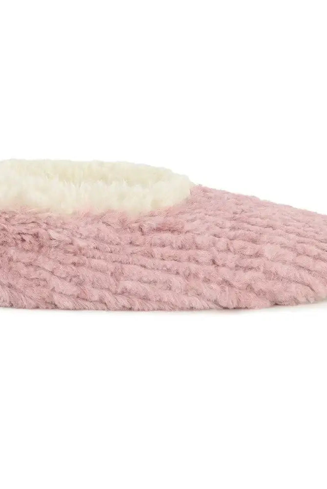 Snoozies Teddy Bear Faux Fur Slippers with Memory Foam Sole in dusty pink showing side view