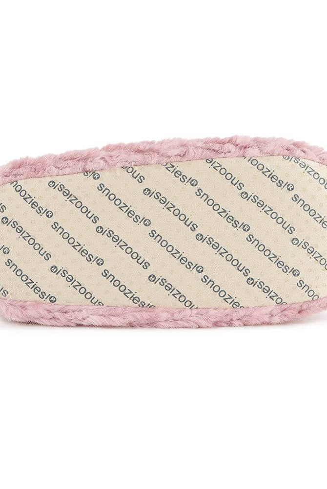 Snoozies Teddy Bear Faux Fur Slippers with Memory Foam Sole showing bottom of slipper