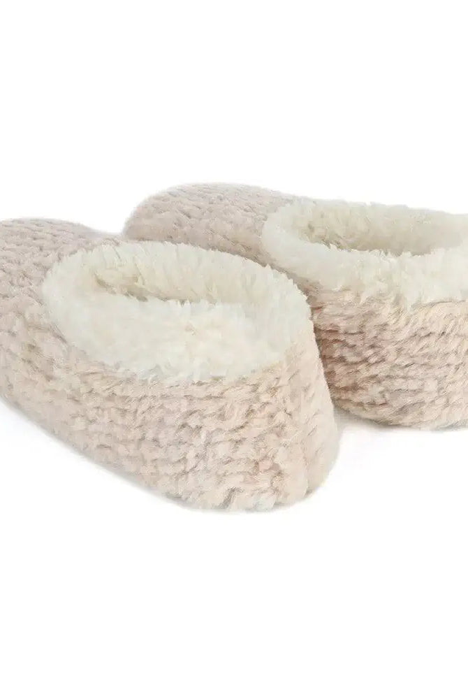 Snoozies Teddy Bear Faux Fur Slippers with Memory Foam Sole in oatmeal beige showing back view