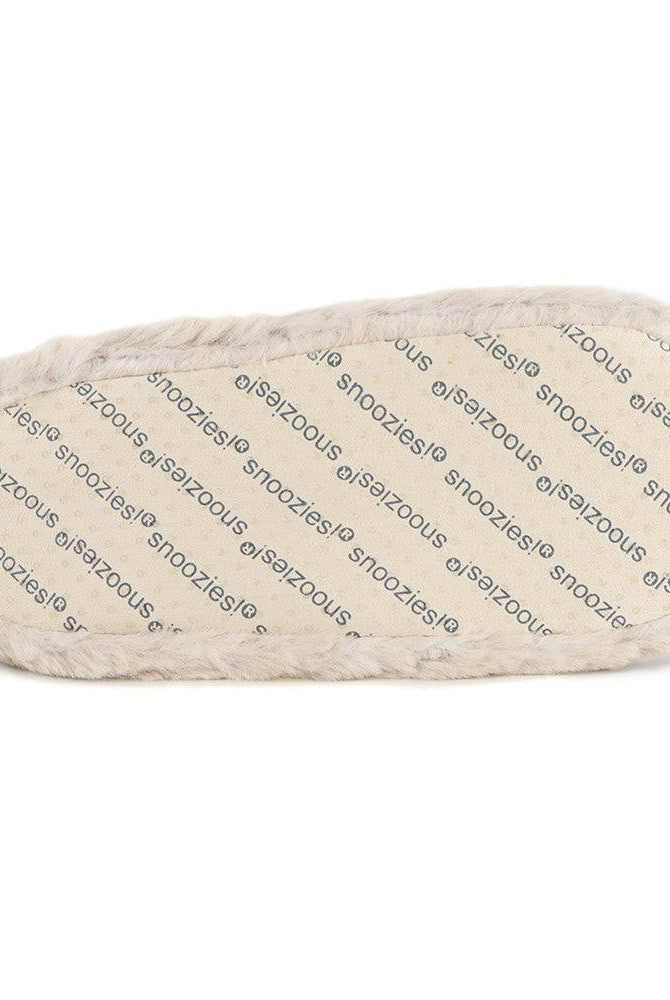 Snoozies Teddy Bear Faux Fur Slippers with Memory Foam Sole in oatmeal beige showing bottom view