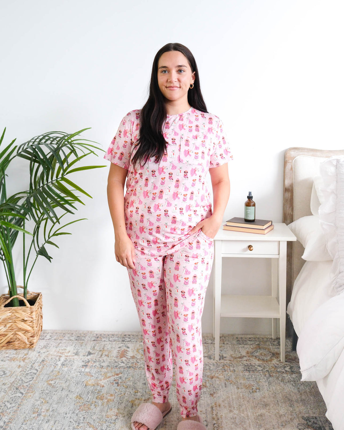 Georgia Rylan Chic Puppies Bamboo PJ Set model full length — Cloud Nine Pajamas